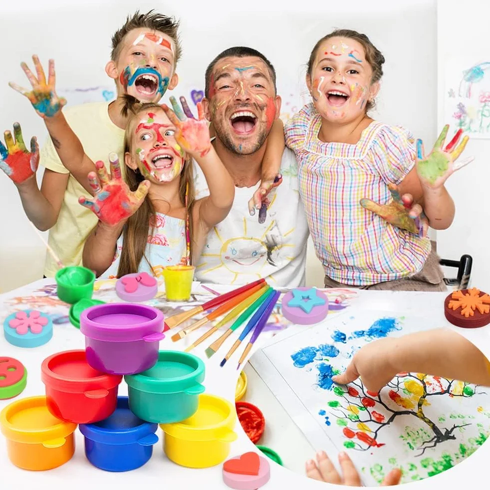 Peinture Enfant Lavable 30ml Peintures Doigt avec Pinceau Tablier Non Toxique Bébés Ensembles Peinture Jouets Dessin