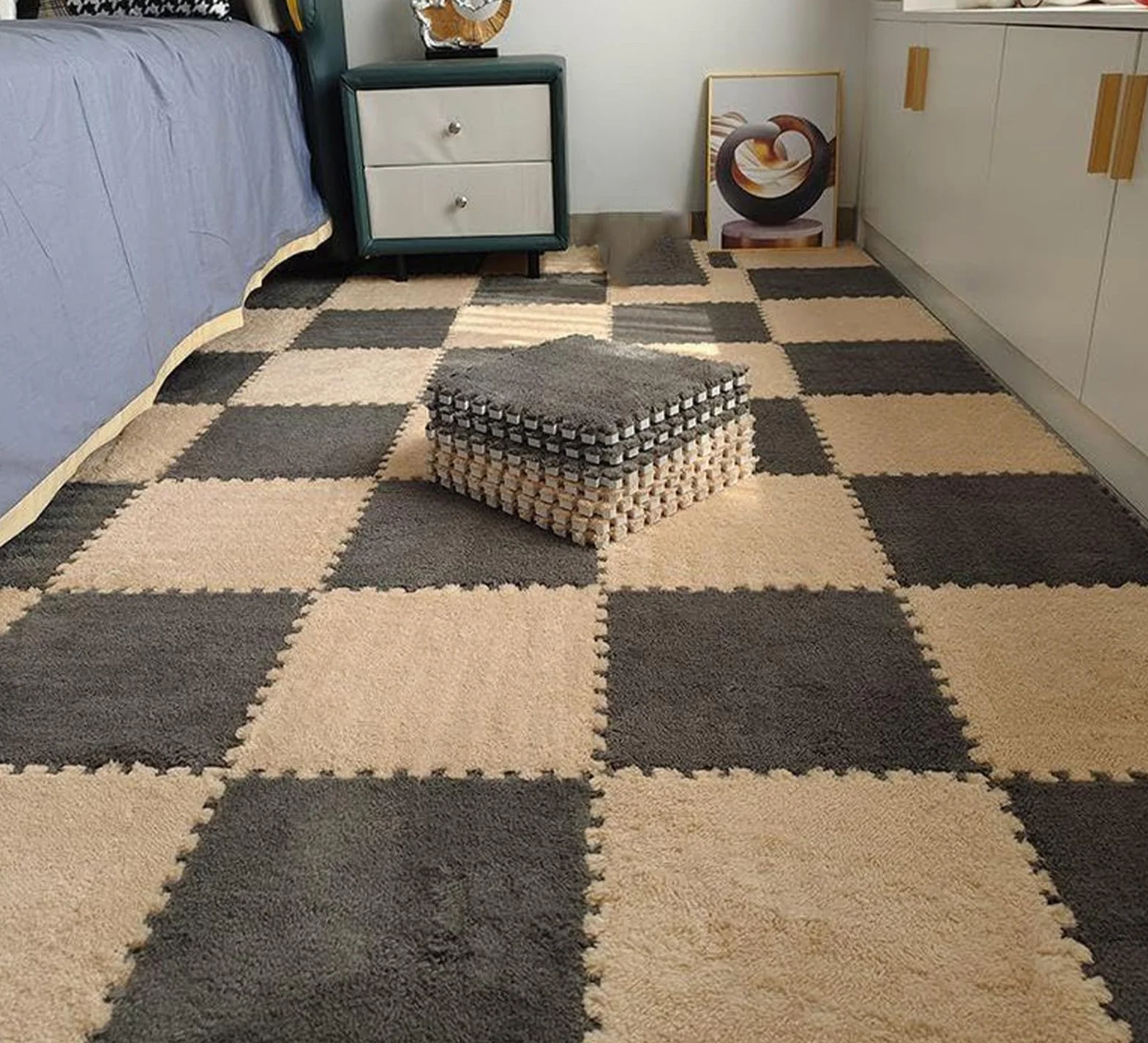 Tapis de Jeu Puzzle en Mousse 30x30cm 10 Pièces Dalles Emboîtables Tapis de Sol Gris Chamois