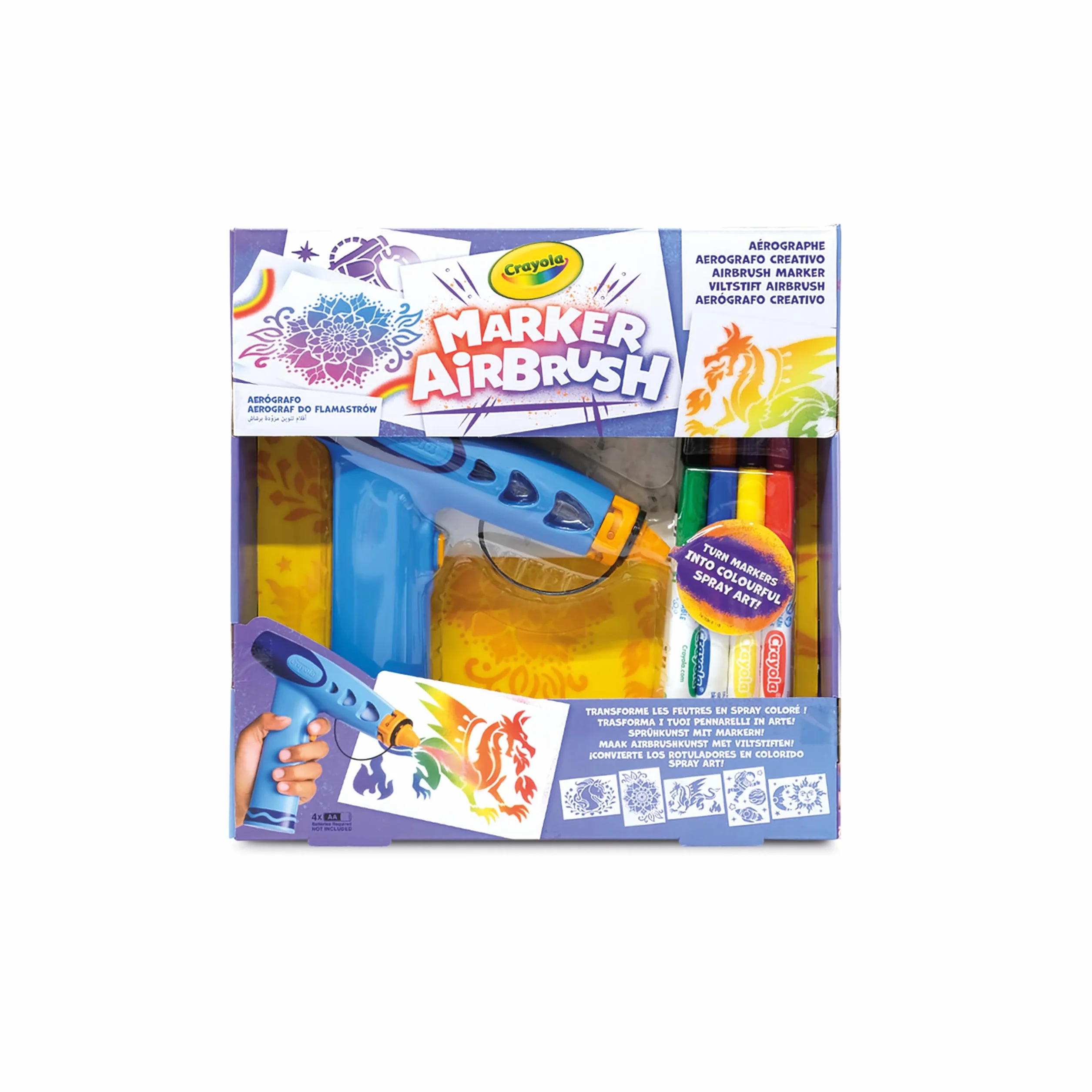 CRAYOLA Airbrush Marker Créatif pour Enfants avec 8 Feutres Lavables et 5 Pochoirs, Jouet Éducatif, 6 Ans