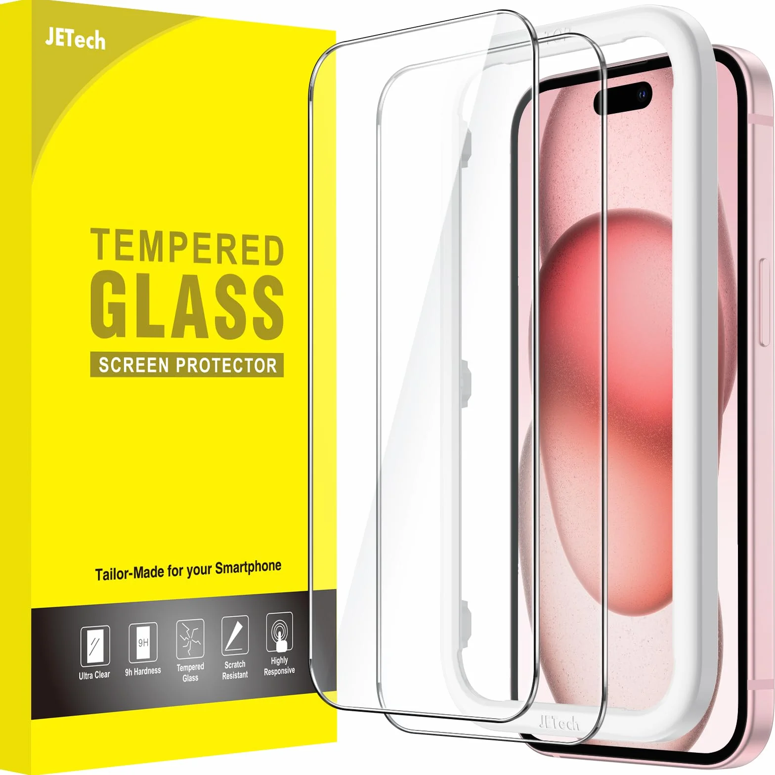 JETech Protection D'écran pour iPhone 15 6,1 Pouces, Film en Verre Trempé, Lot de 2