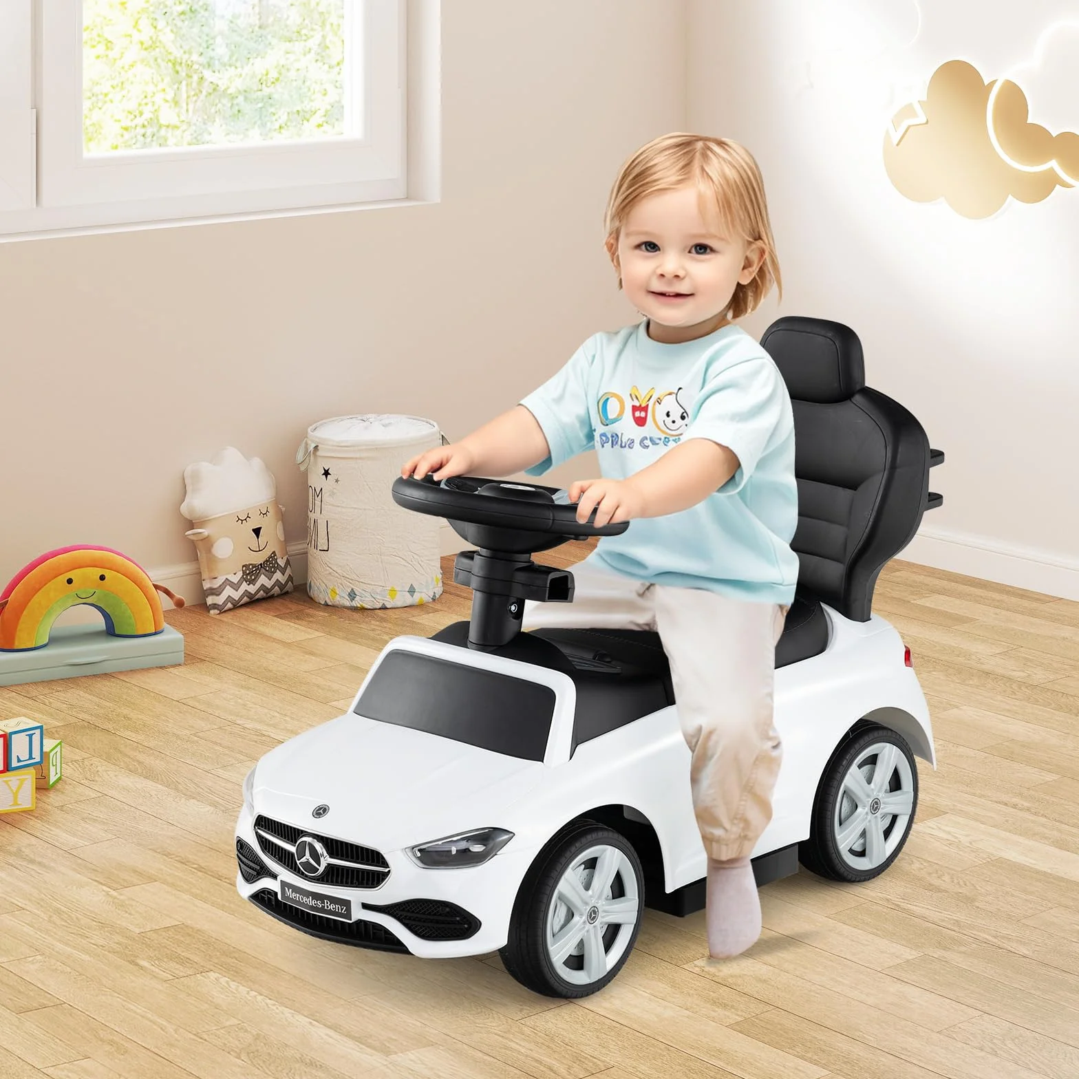 COSTWAY Mercedes-Benz Porteur Enfant 3 en 1 avec Volant Klaxon Son de Moteur, Voiture à Pousser 25kg 18-36 Mois Blanc
