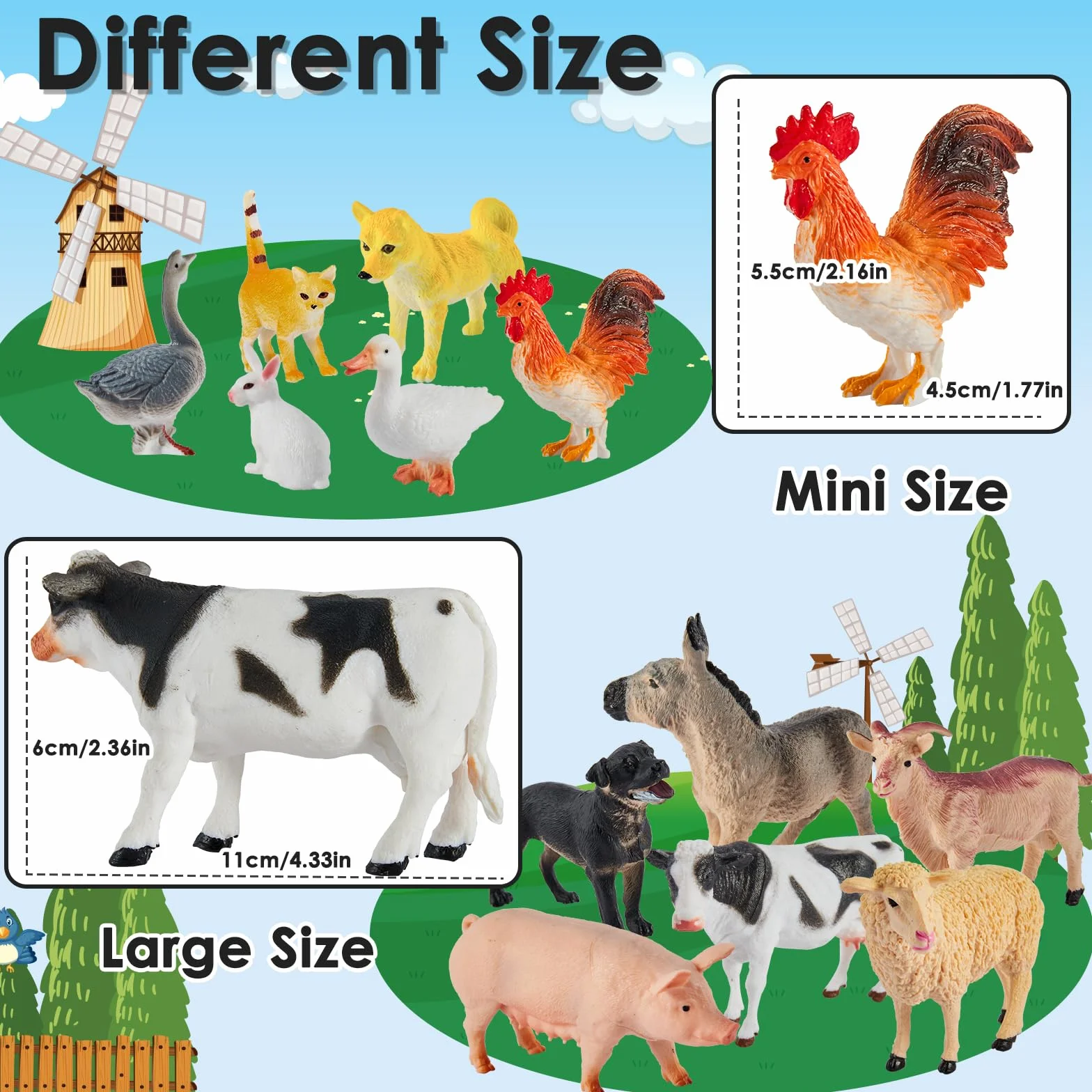 BUYGER 12 Figurines d'animaux de la Ferme Réalistes avec Clôture, Jouet Éducatif pour Enfants 3-6 Ans