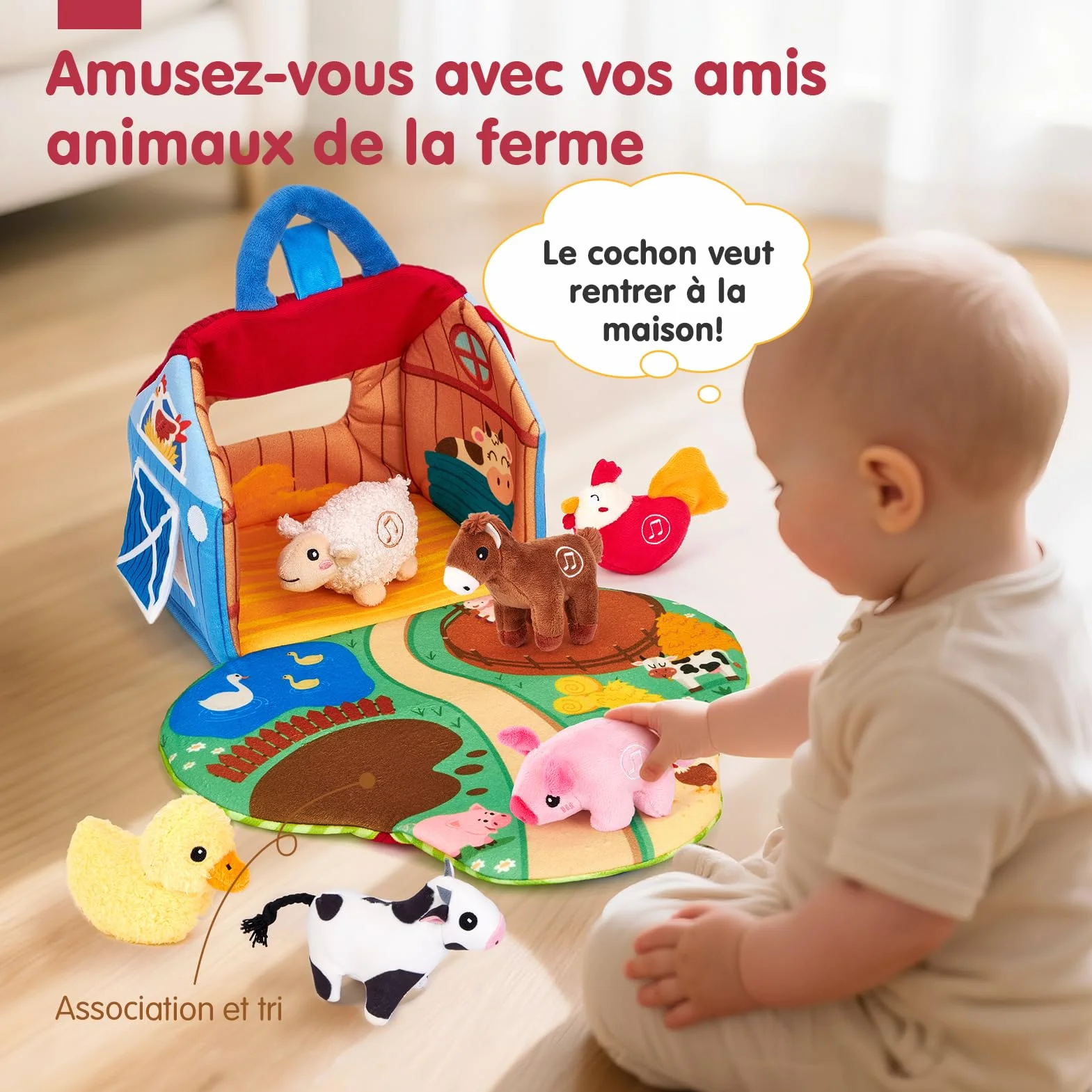 hahaland Jouets pour Bébé 6-12 Mois - Jouet de Ferme Animal en Peluche avec Vrais Sons, Jouets Montessori Sensoriel Cadeau Enfant