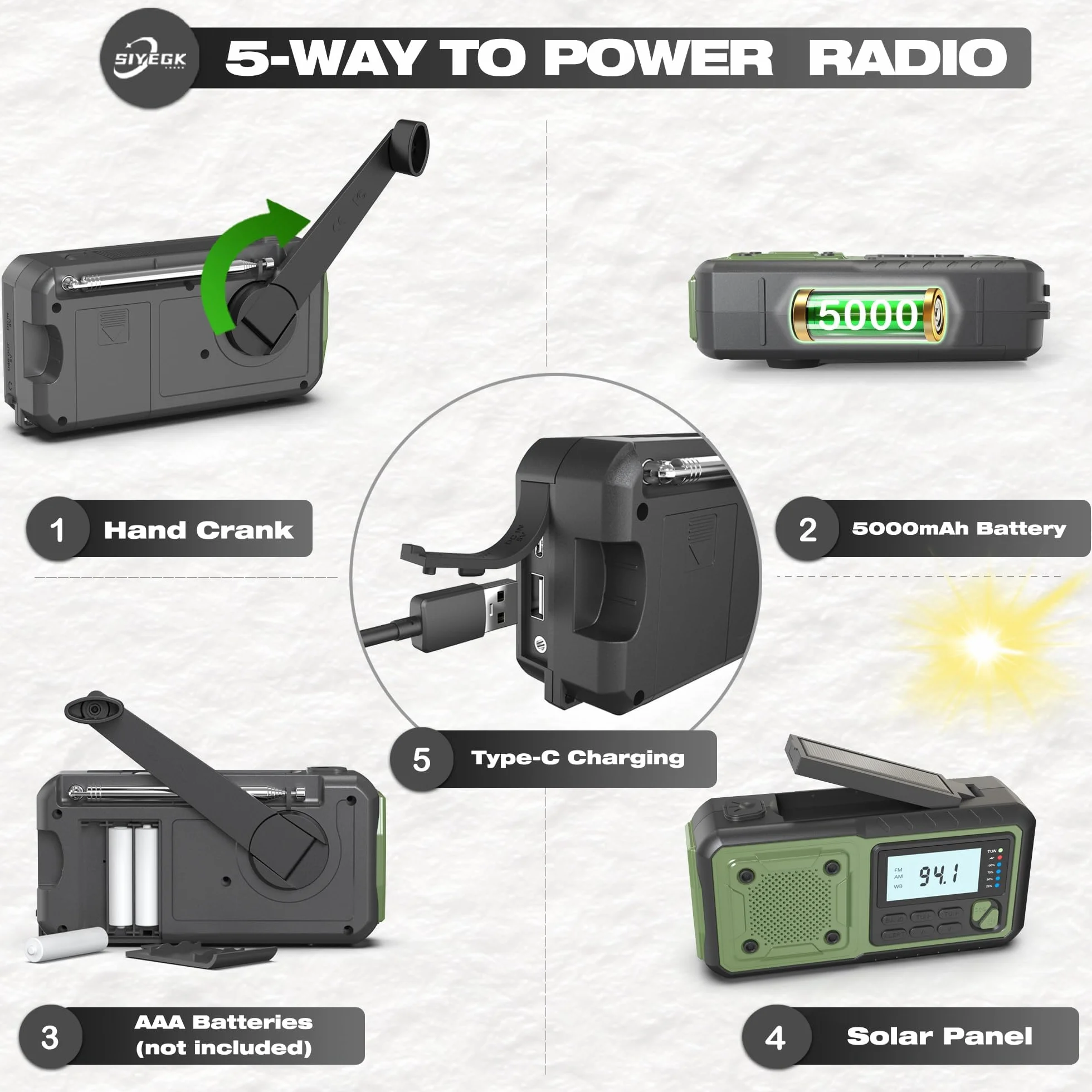 Radio d'urgence à manivelle NOAA/AM/FM 5000 mAh solaire avec alarme SOS et lampe de poche