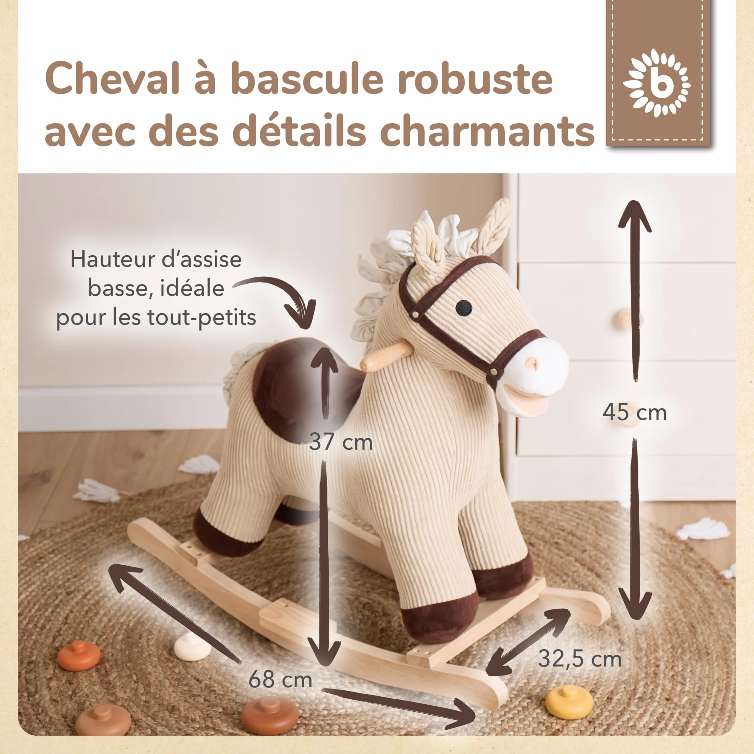 Bieco Cheval à bascule en peluche Lucky 68 cm | Jouet à bascule en bois pour enfant à partir de 1 an