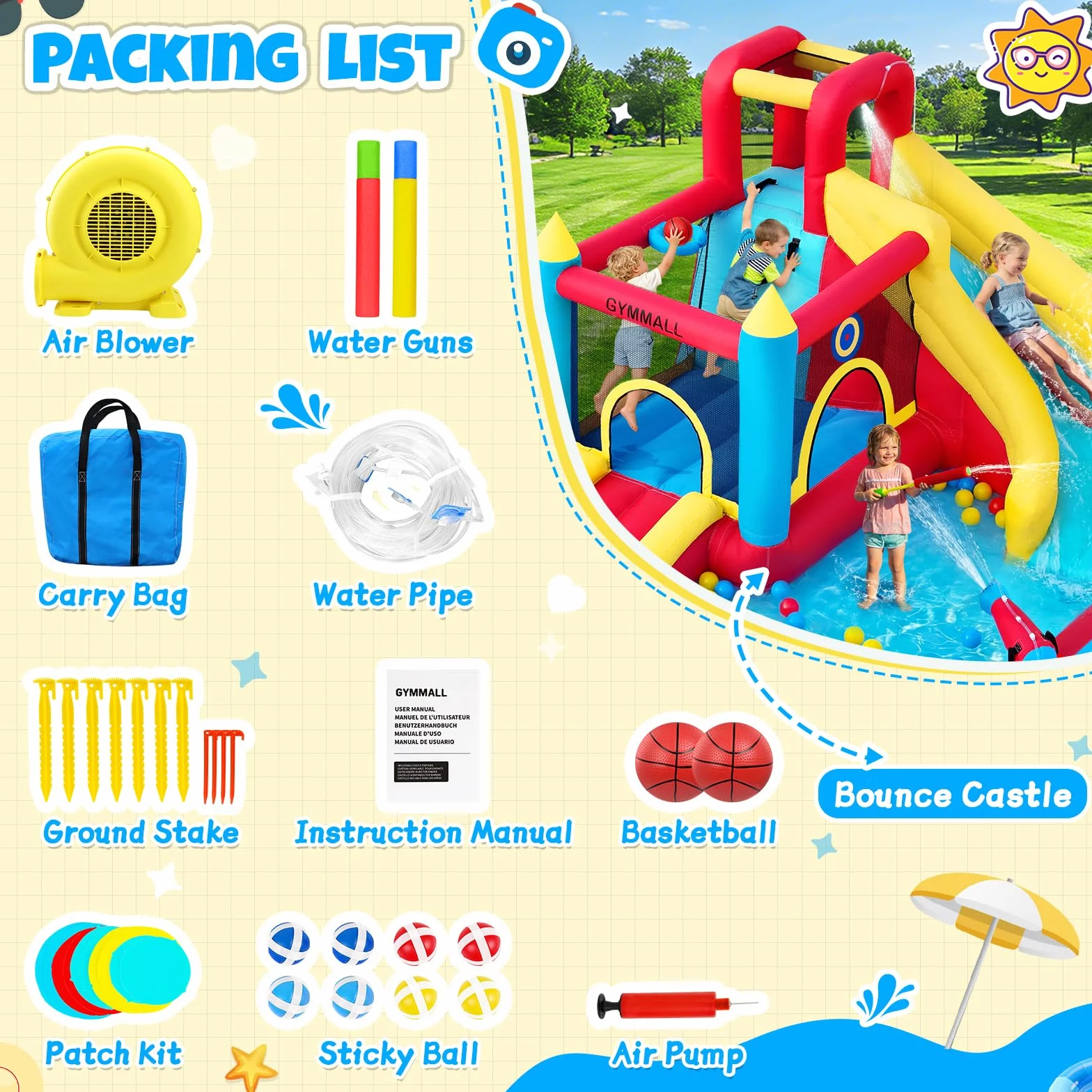 Château Gonflable pour Enfants 8-en-1 avec Souffleur 480W, Toboggan, Mur d'escalade, Trampoline et Pataugeoire