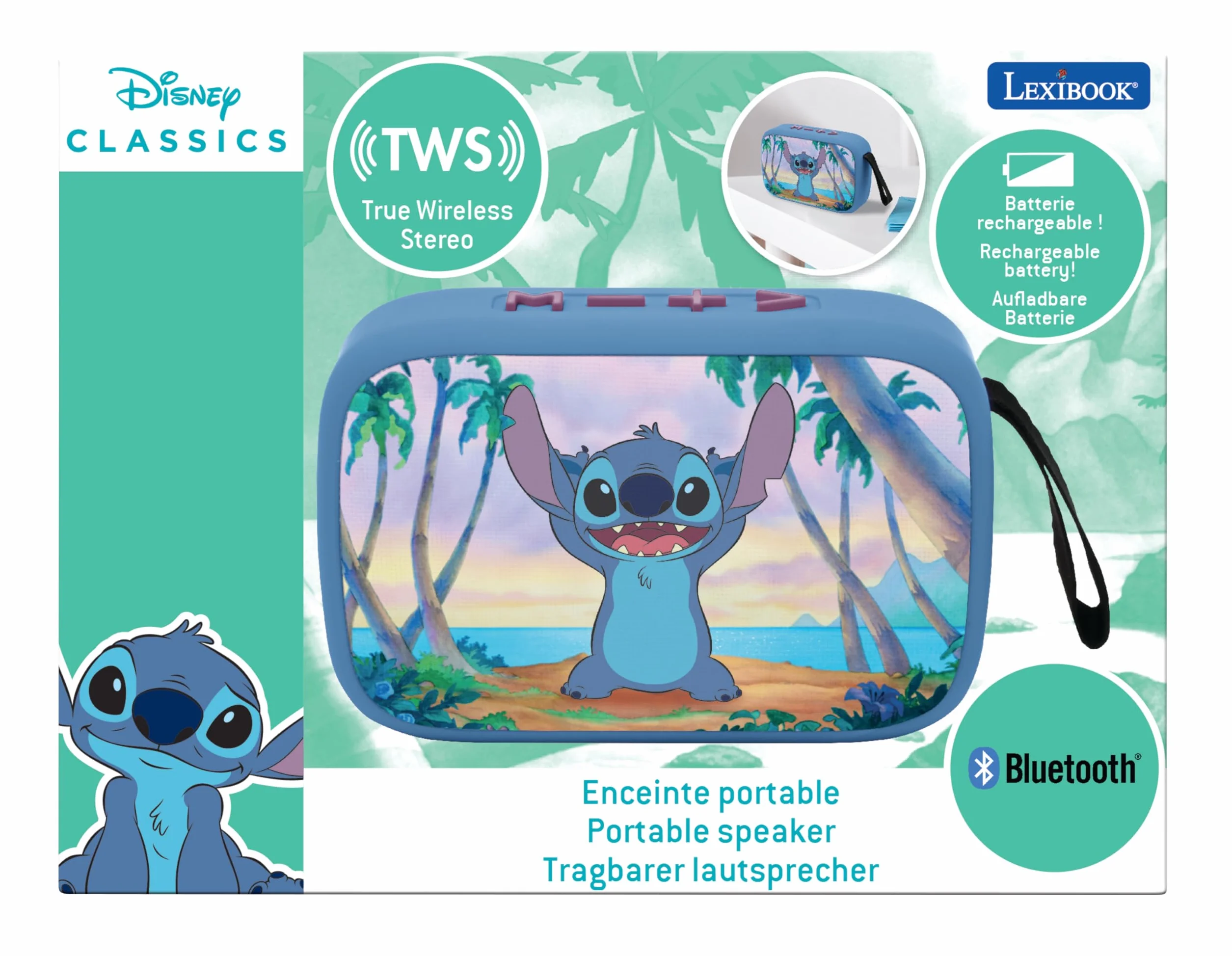 Lexibook Disney Stitch Enceinte Portable Bluetooth USB-C Carte SD/TF Batterie Rechargeable Bleu BT018D