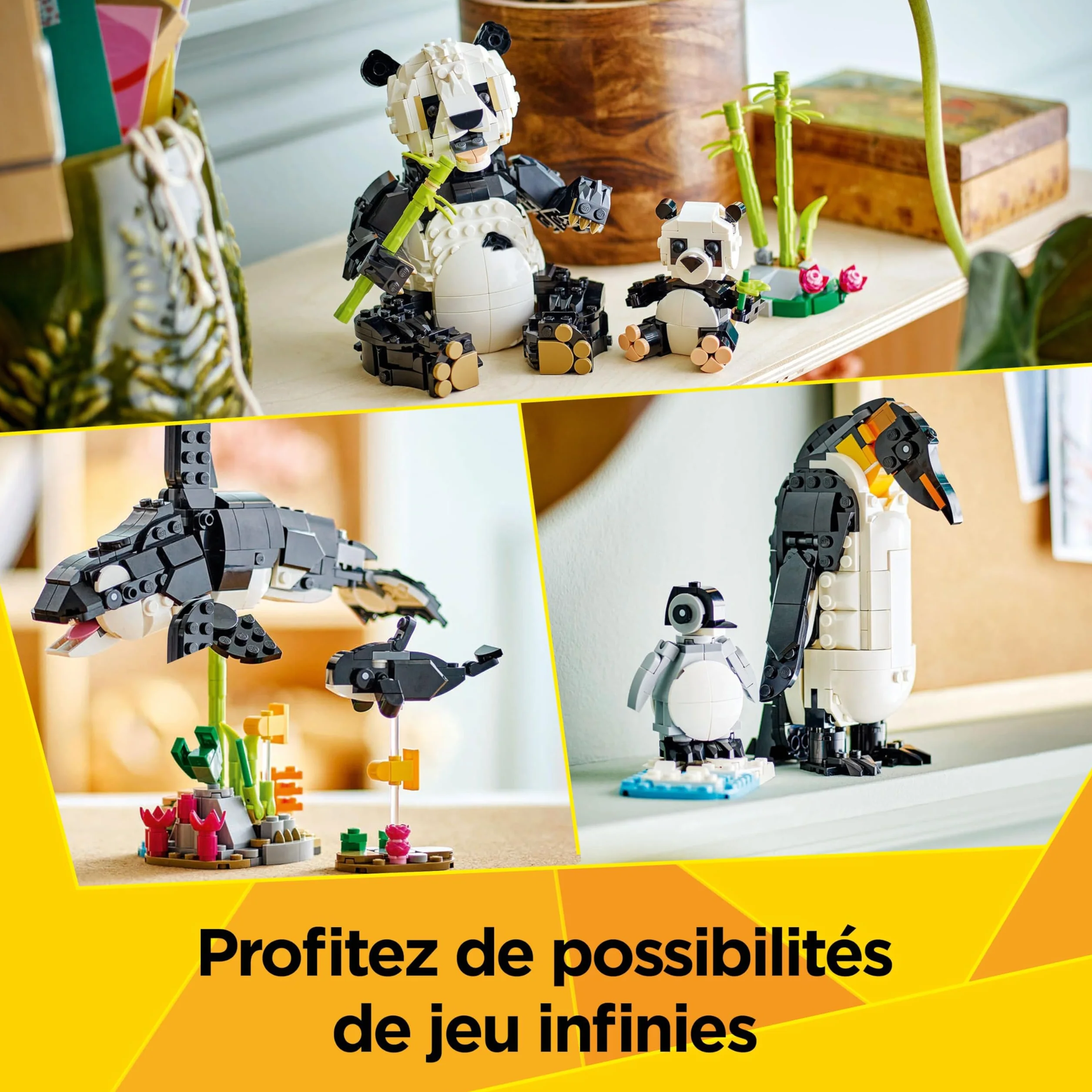 LEGO Creator 3-en-1 Animaux Sauvages Famille Pandas Jouet Construction Transformant Figurines Manchots Orques Cadeau 8 Ans 31165