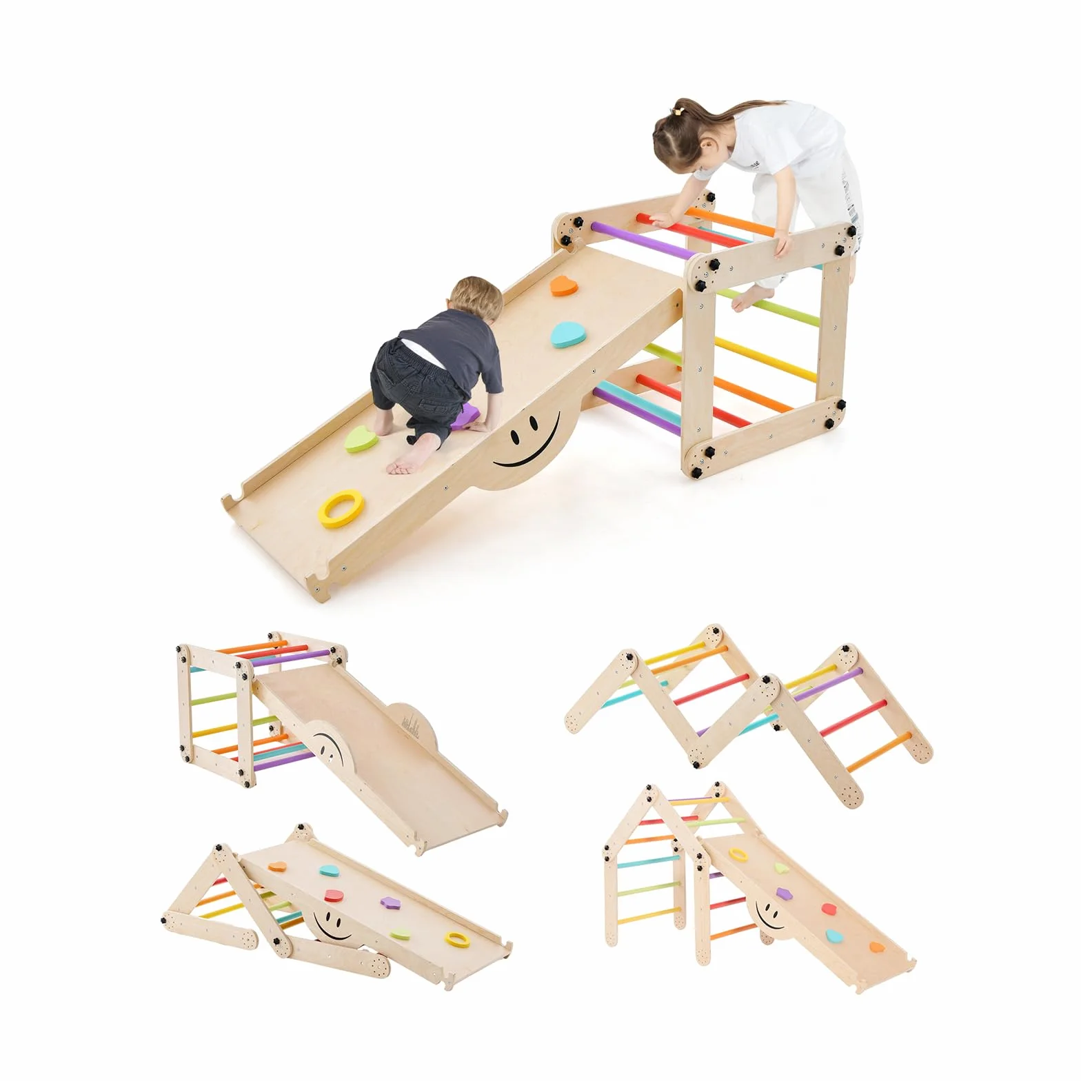 GOPLUS 7 en 1 Triangle Escalade Enfant Montessori en Bois avec Échelle Modulable, Rampe d'escalade Réversible, Charge 60KG