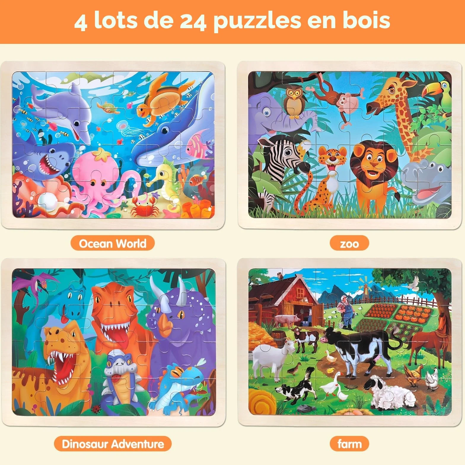 Puzzle en Bois Enfant 3 4 5 Ans Lot de 4x24 Pièces Jeu Montessori Éducatif Dinosaure Ferme Animaux
