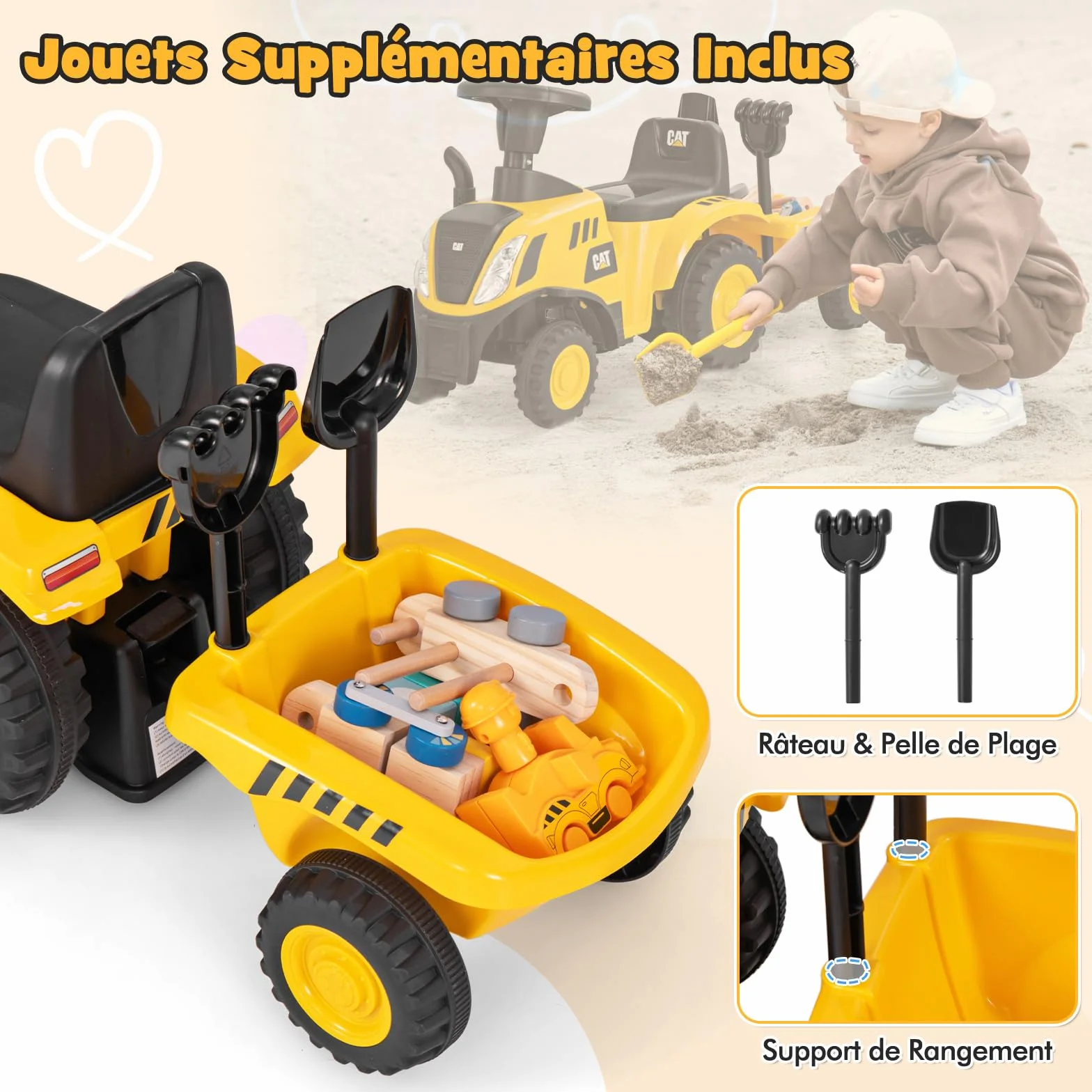 COSTWAY Caterpillar Porteur Tracteur Enfants avec Remorque Amovible & Pelle & Râteau, Voiture Enfants à 6 Pneus avec Lumière LED & Musique & Klaxon, Charge 25kg pour Enfants de 1,5-3 Ans