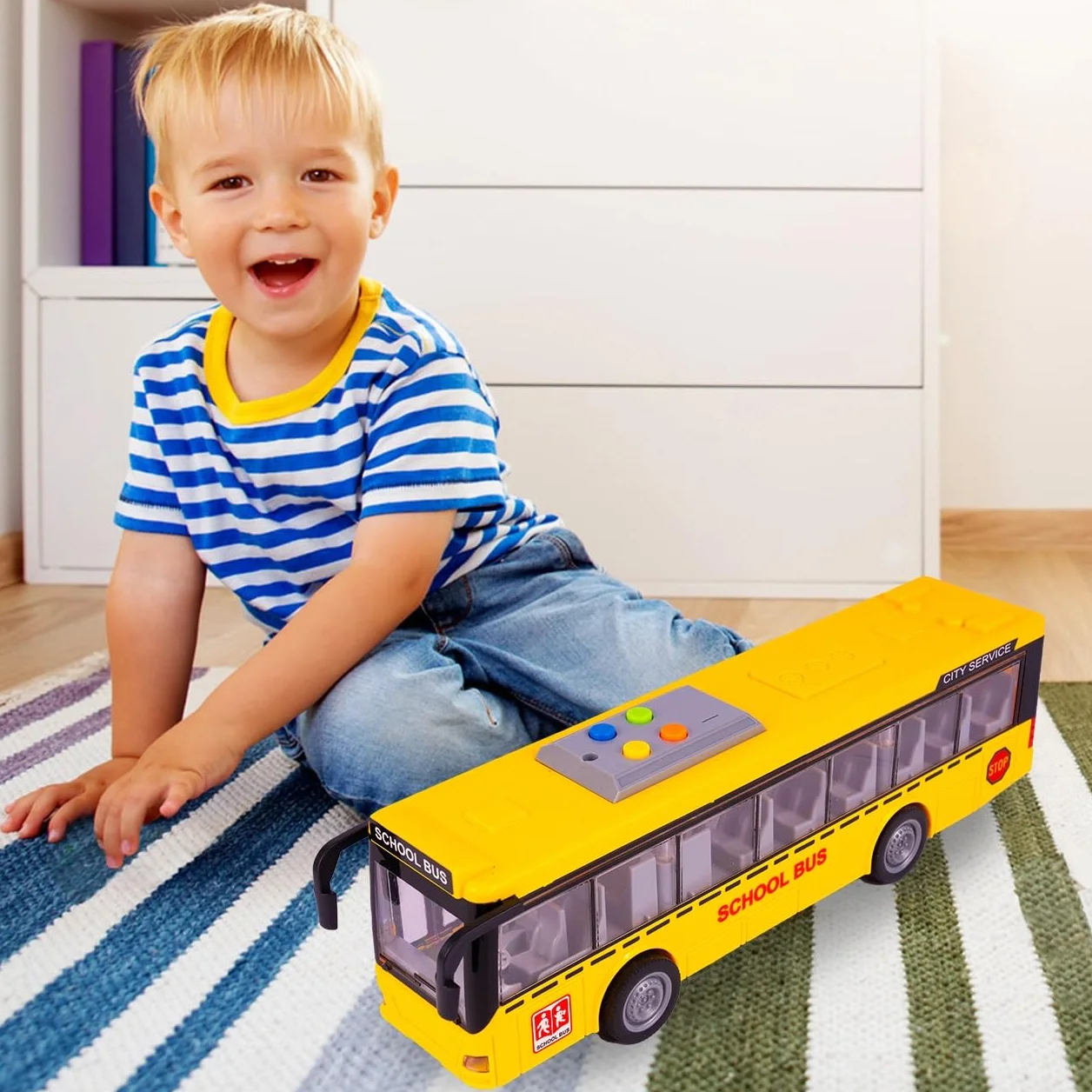 MalPlay Bus électrique jouet 1:16 avec bruits de conduite, lumières et portes ouvertes pour enfants à partir de 3 ans