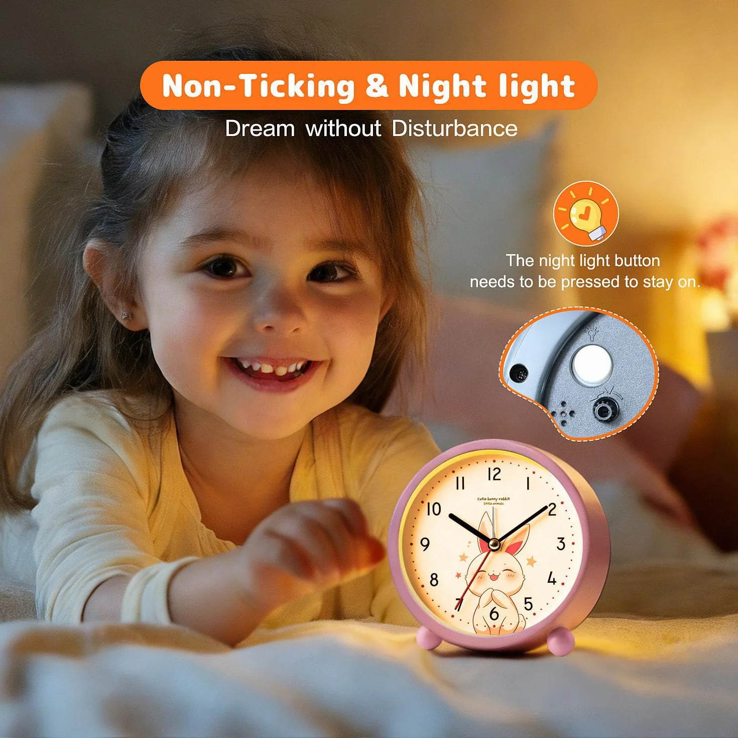 Réveil pour enfants analogique silencieux sans tic-tac horloge d'apprentissage métal facile à lire sonnerie forte