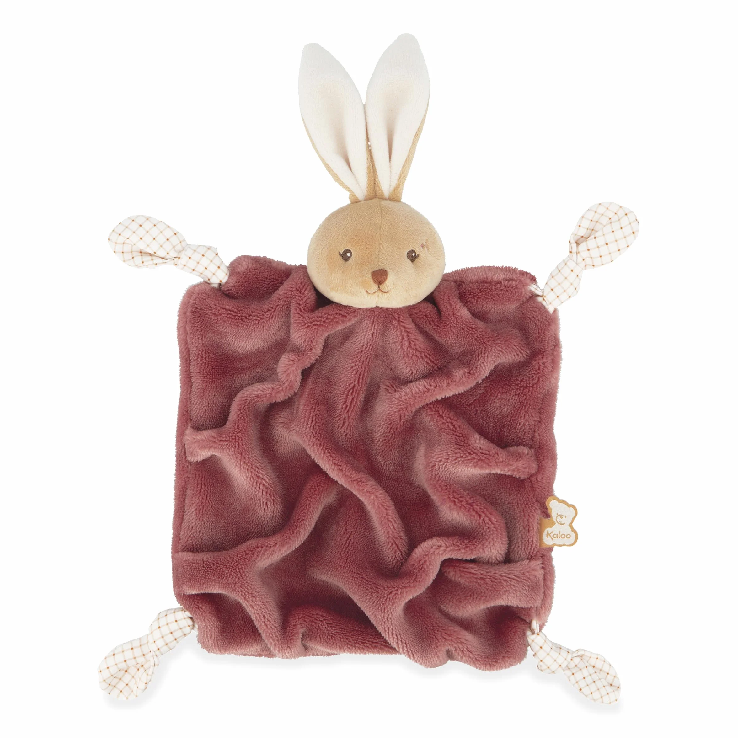 KALOO Doudou Lapin Bordeaux 24cm Doudou Plat Bébé Ultra-Doux Fourrure Flanelle Extra Douce Nœuds Attache-Tétine Compagnon Câlin Éducatif