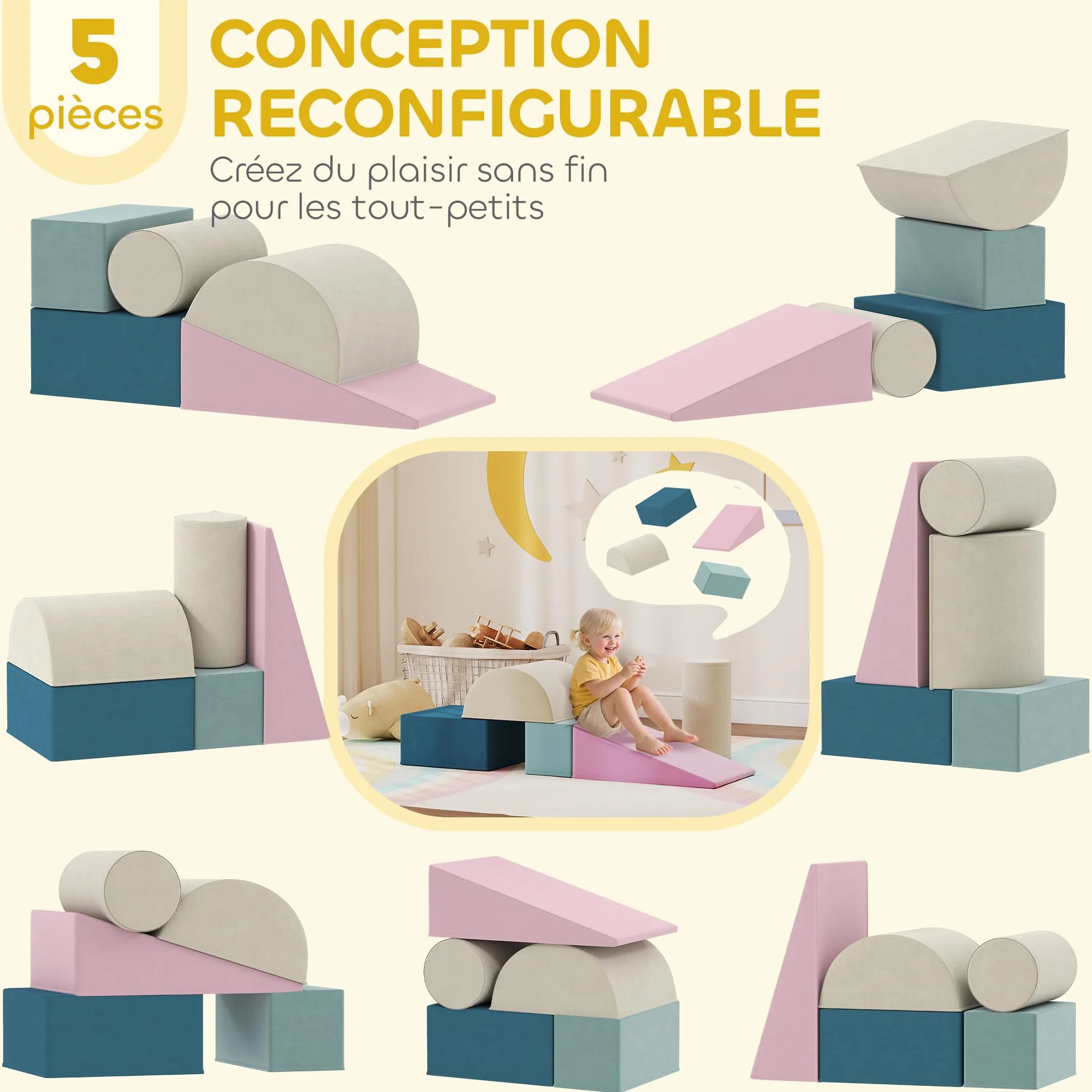 AIYAPLAY Parcours motricité bébé modulable, Jouet d'escalade, Blocs Mousse éducatifs 5 pièces, Housse Lavable en Velours, Multicolore