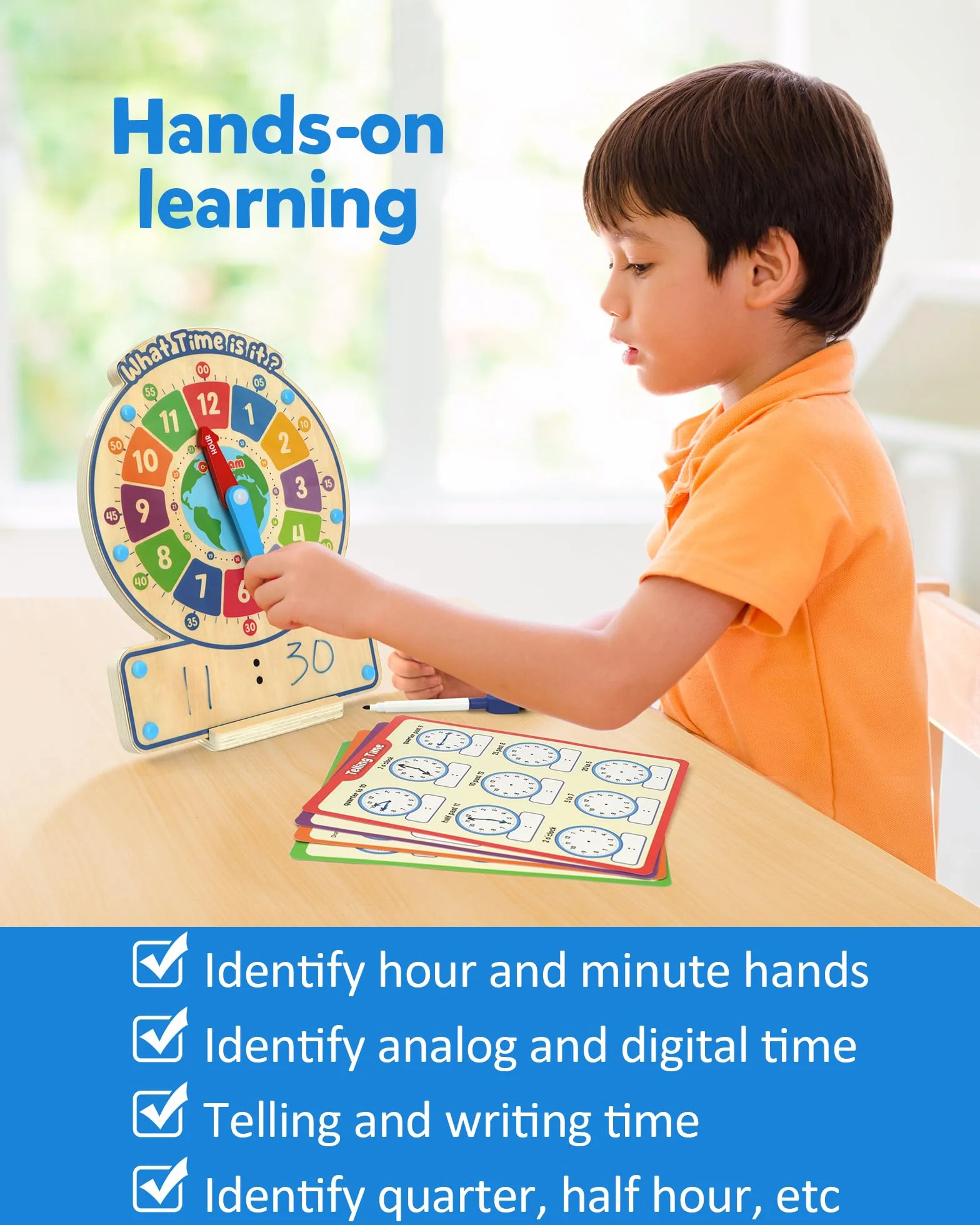 Coogam Horloge en Bois d'Enseignement du Temps, Jeu Éducatif pour Enfants 3 4 5 Ans