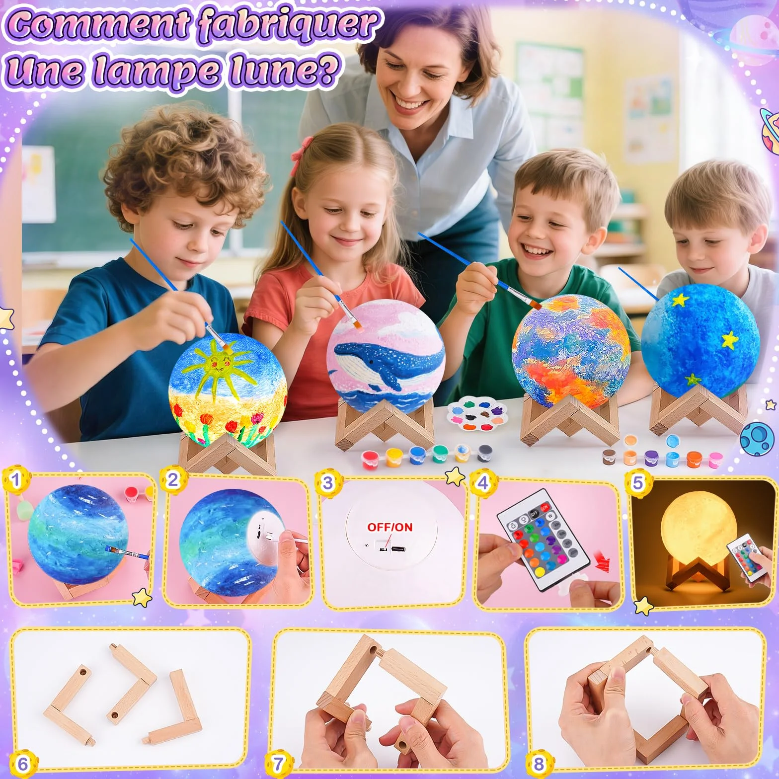 Kit Peinture Lampe Lune pour Enfant: Cadeau Anniversaire Fille 6-12 Ans Bricolage Veilleuse Deco Chambre