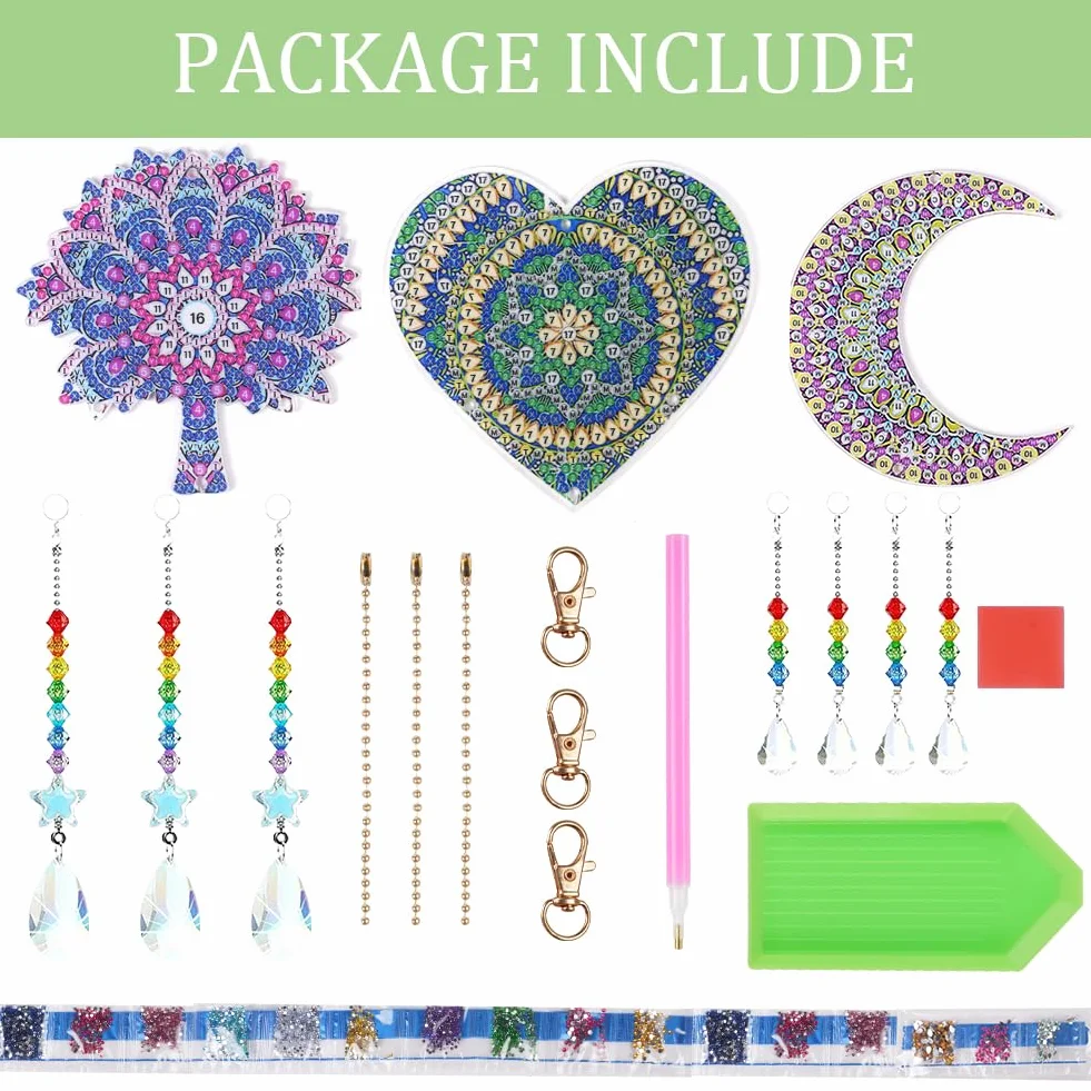 Aolso Diamond Painting Wind Chimes, 3 Pièces DIY Carillon à Vent en Cristal Pendentif 5D Double Face (Lune)