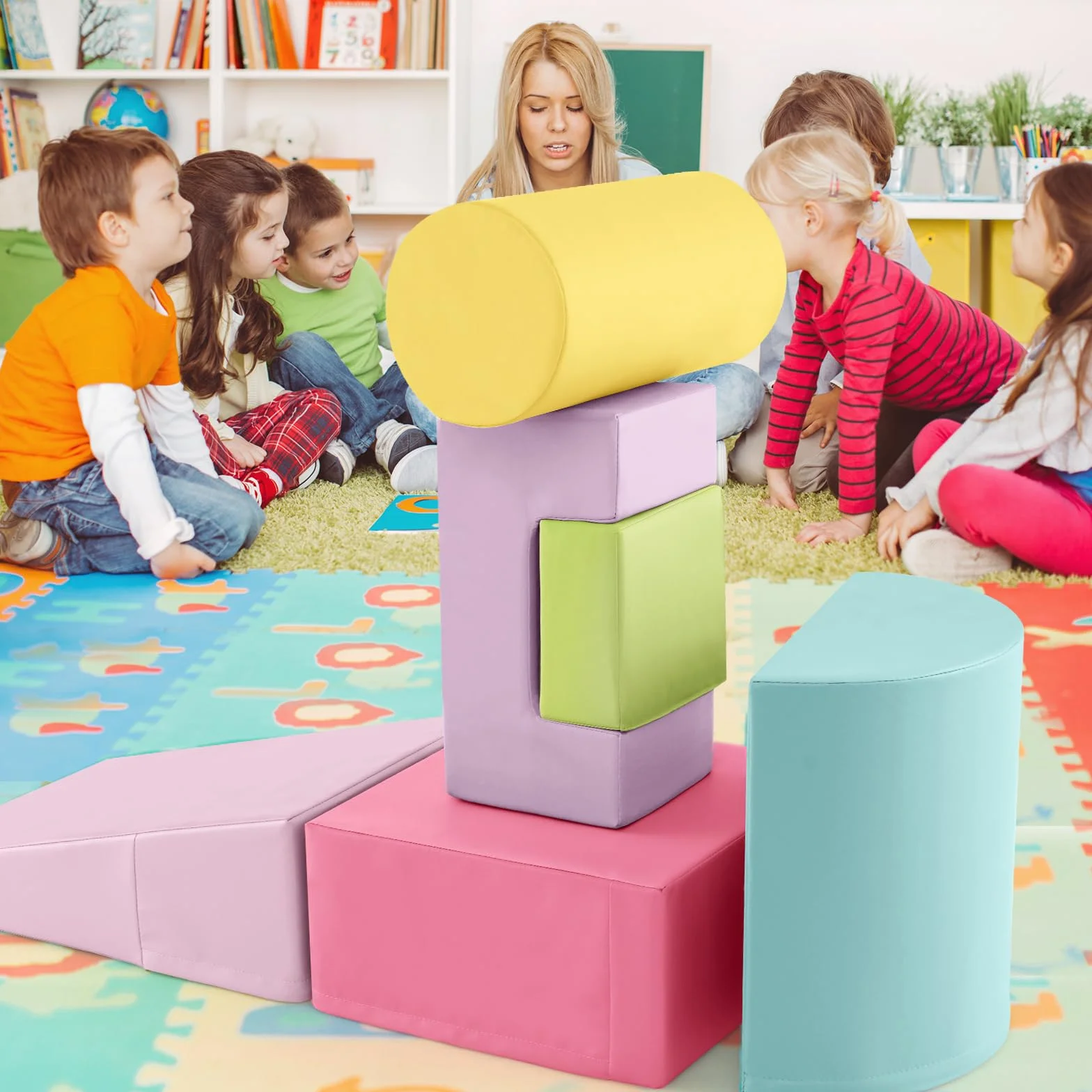 COSTWAY Parcours Motricité Bébé en Mousse EPE avec Housse PU, 6 Pièces, Jouets Éducatifs Rose+Jaune