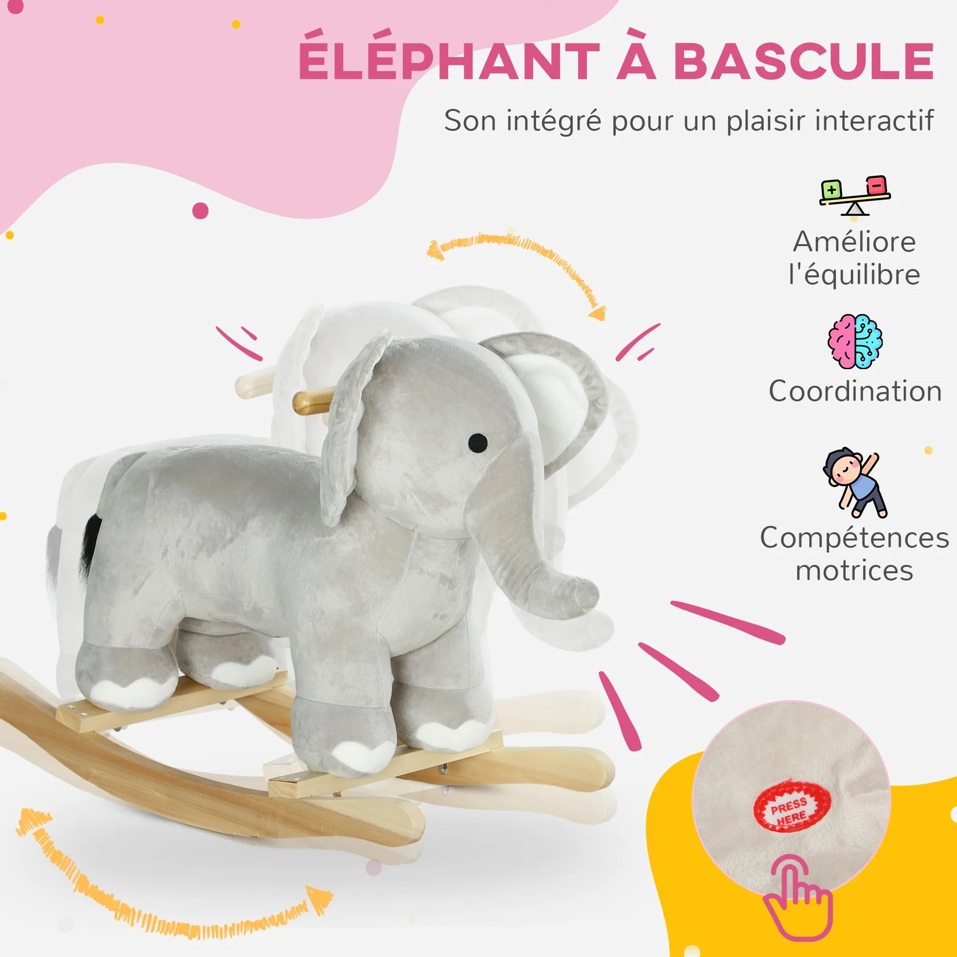 AIYAPLAY Cheval à Bascule pour Enfant, Jouet à Bascule en Peluche Éléphant avec Effets Sonores, 64,5x31x52 cm, Gris