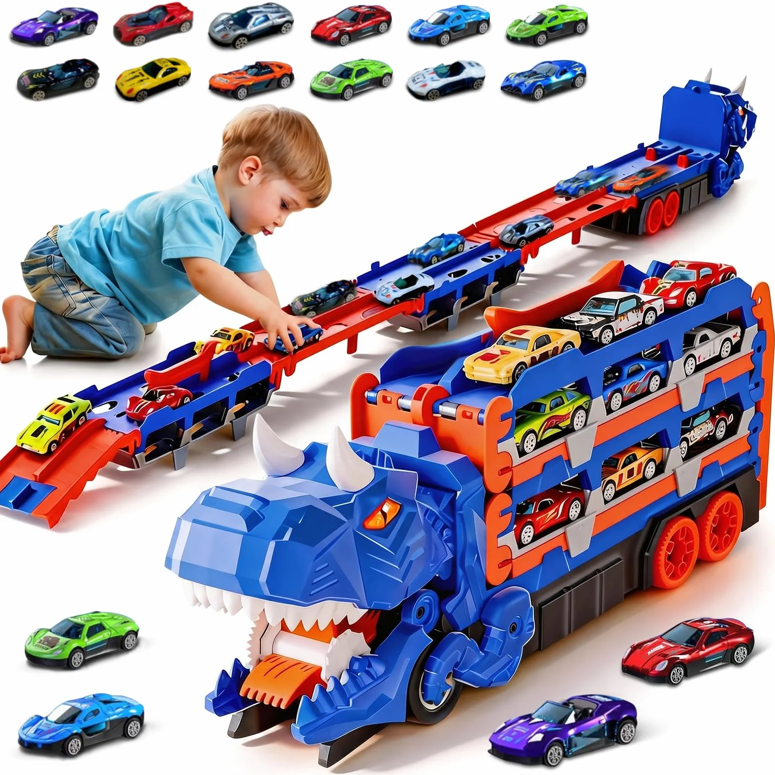 Camion Dinosaure Jouet Transporteur avec 12 Voitures et 160cm Pistes Pliables pour Garçons 2-6 Ans