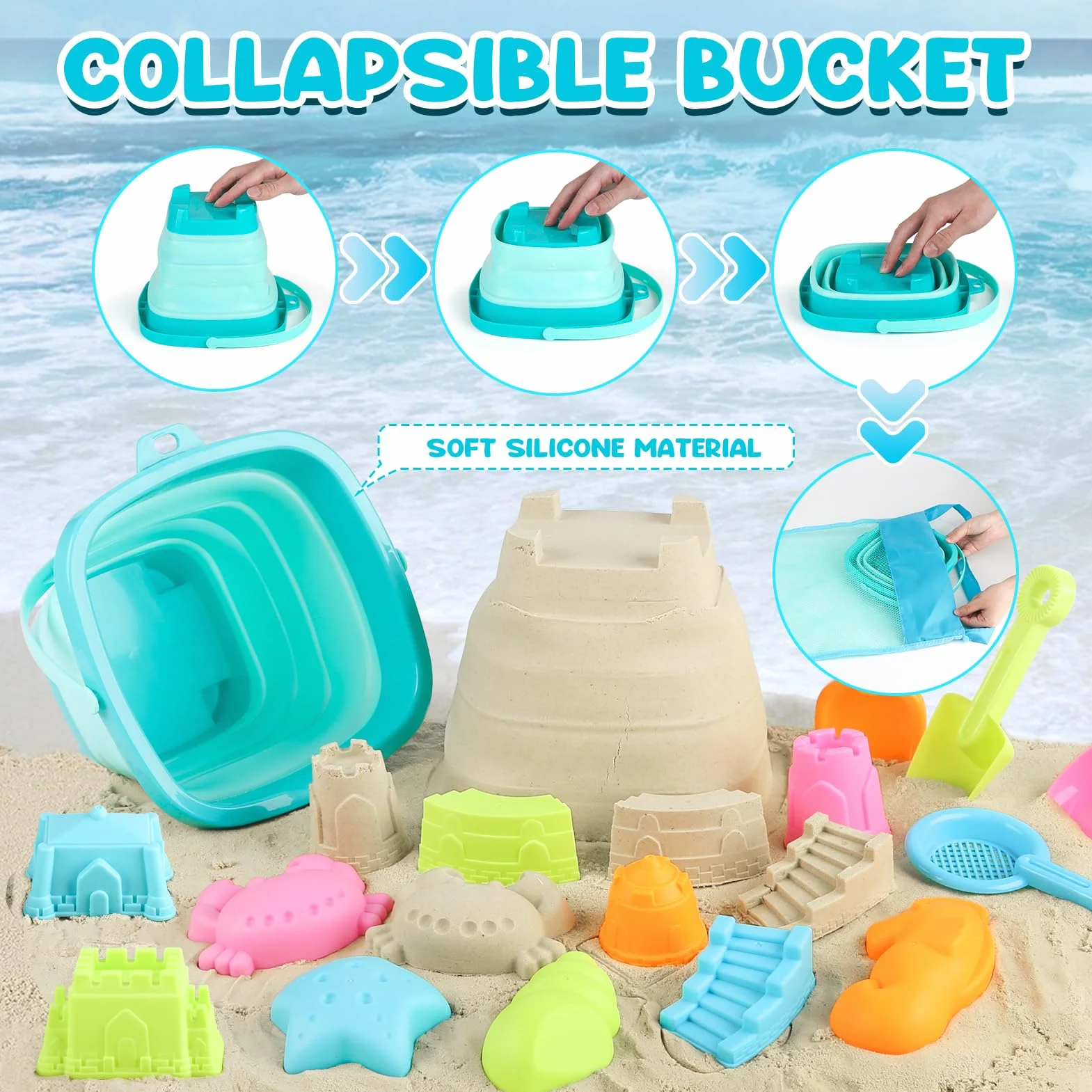 YIMORE Jouet de Plage 28 PCS Jouets de Sable avec Seau Pliable Enfants Bac à Sable