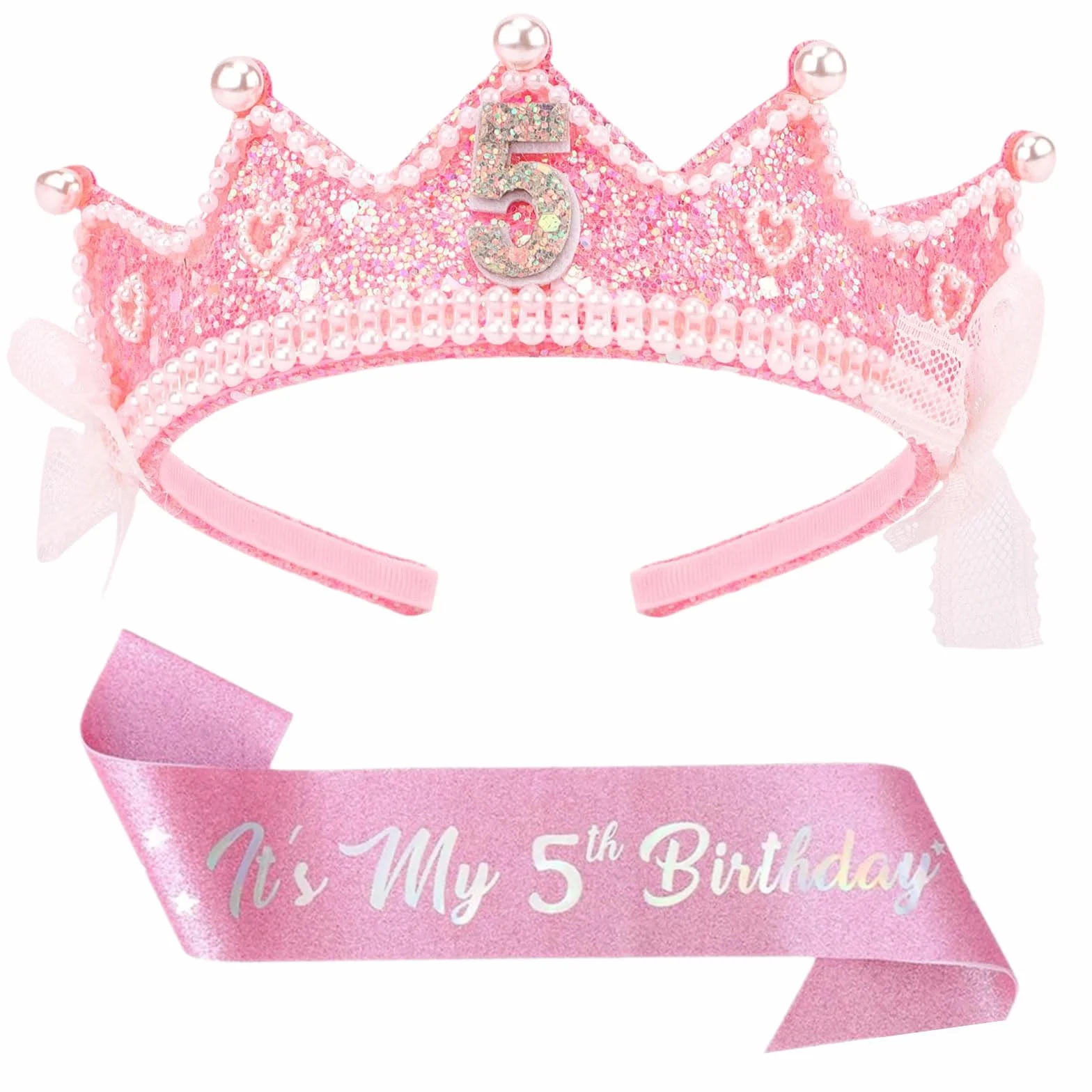 Couronne Anniversaire Fille avec Perles Roses et Écharpe, Ceinture Réglable, Bandeau Princesse