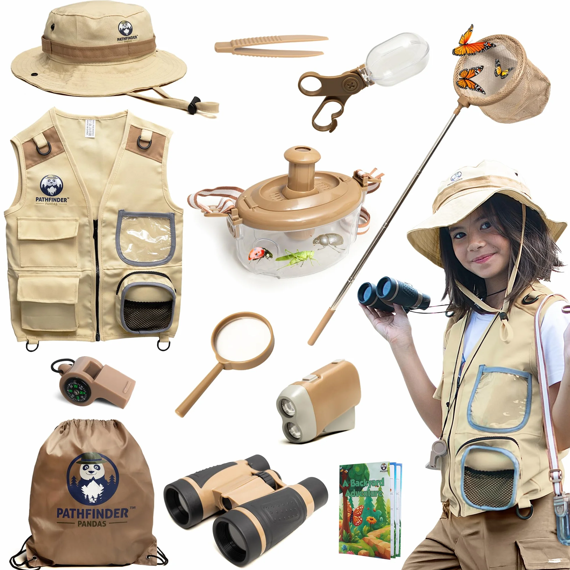 Kit Exploration Enfant Gilet Safari Chapeau Jumelles Boussole - Déguisement Aventurier Cadeau Garçons Filles 3-7