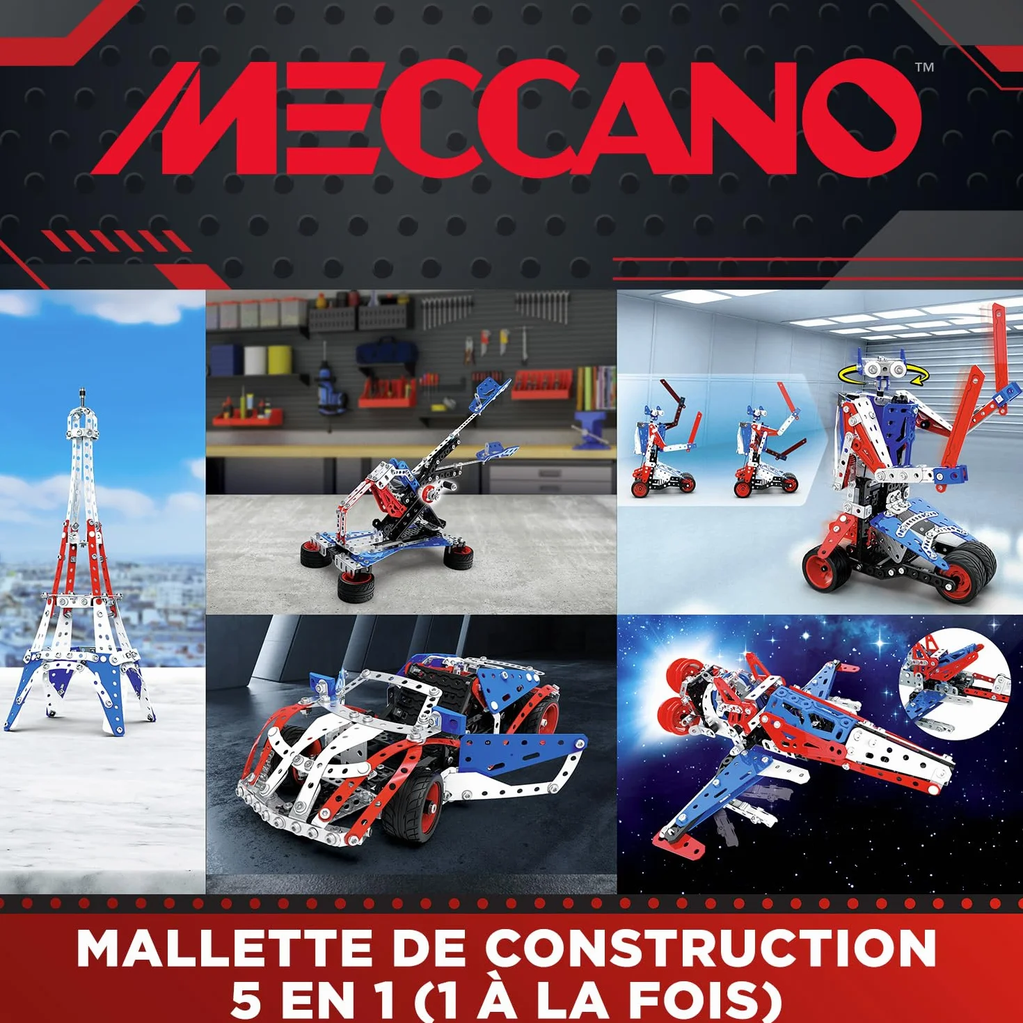 BANDAI Meccano Mallette de Construction 5 en 1 437 pièces Véhicules Robot Tour Eiffel Jouet Enfant 10 Ans+