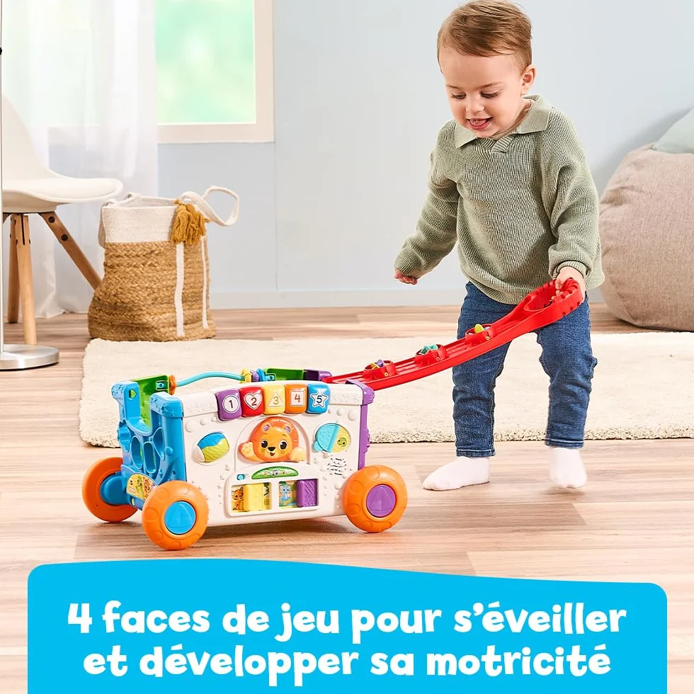 VTech Super Chariot Interactif Multi-Activités, Chariot Enfant à Tirer avec Trieur de Formes, Jeux d’Éveil, Bac à Jouets Musical, Cadeau Bébé 1 an