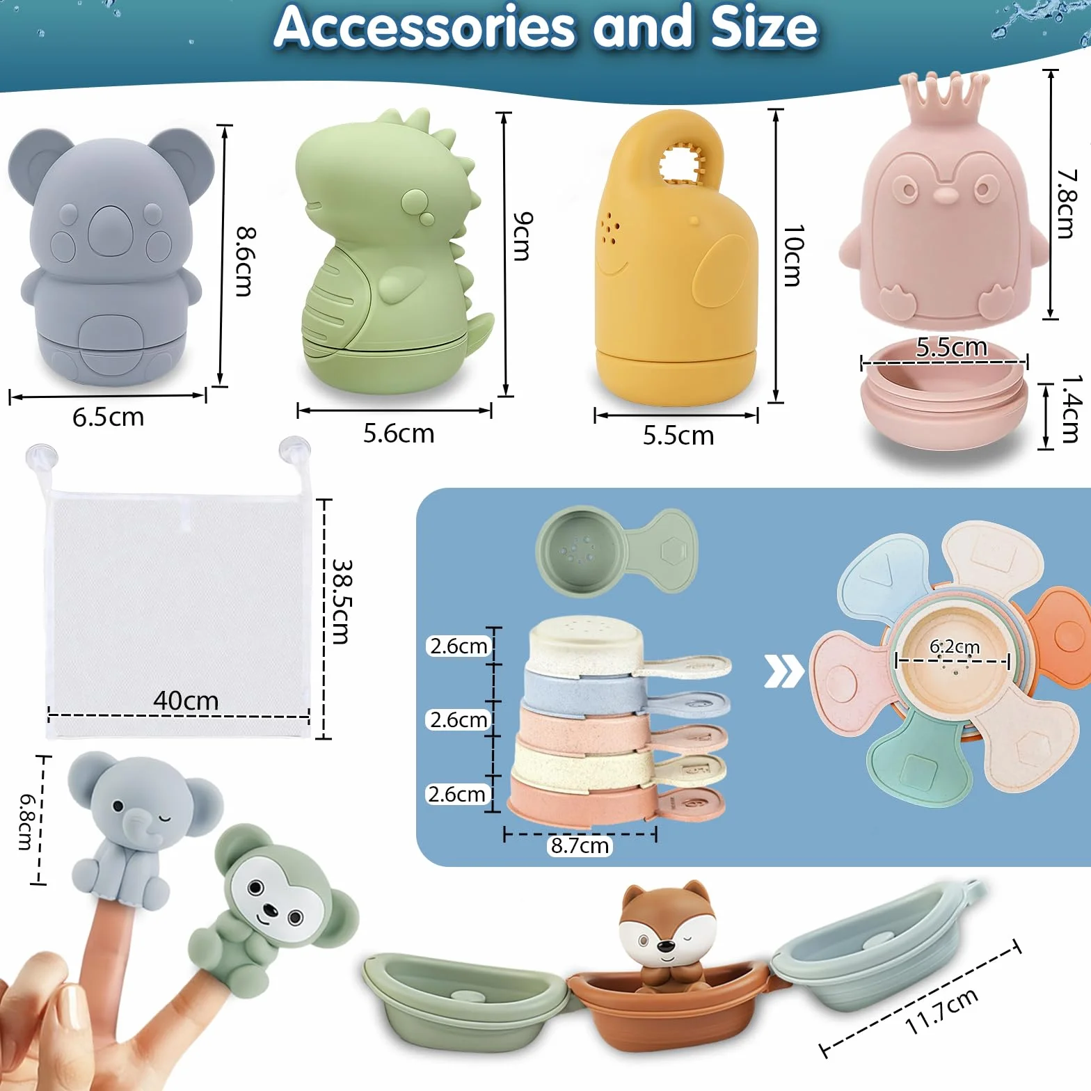 Jouets de Bain Bébé Silicone Lot de 16 Animaux Aspergeurs Empilables 1 2 3 Ans