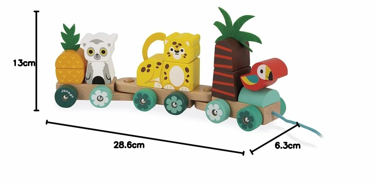 Janod Train Tropical à Tirer Tropik Jouet en Bois 11 Pièces 3 Wagons Motricité Coordination Main Œil FSC Dès 1 an