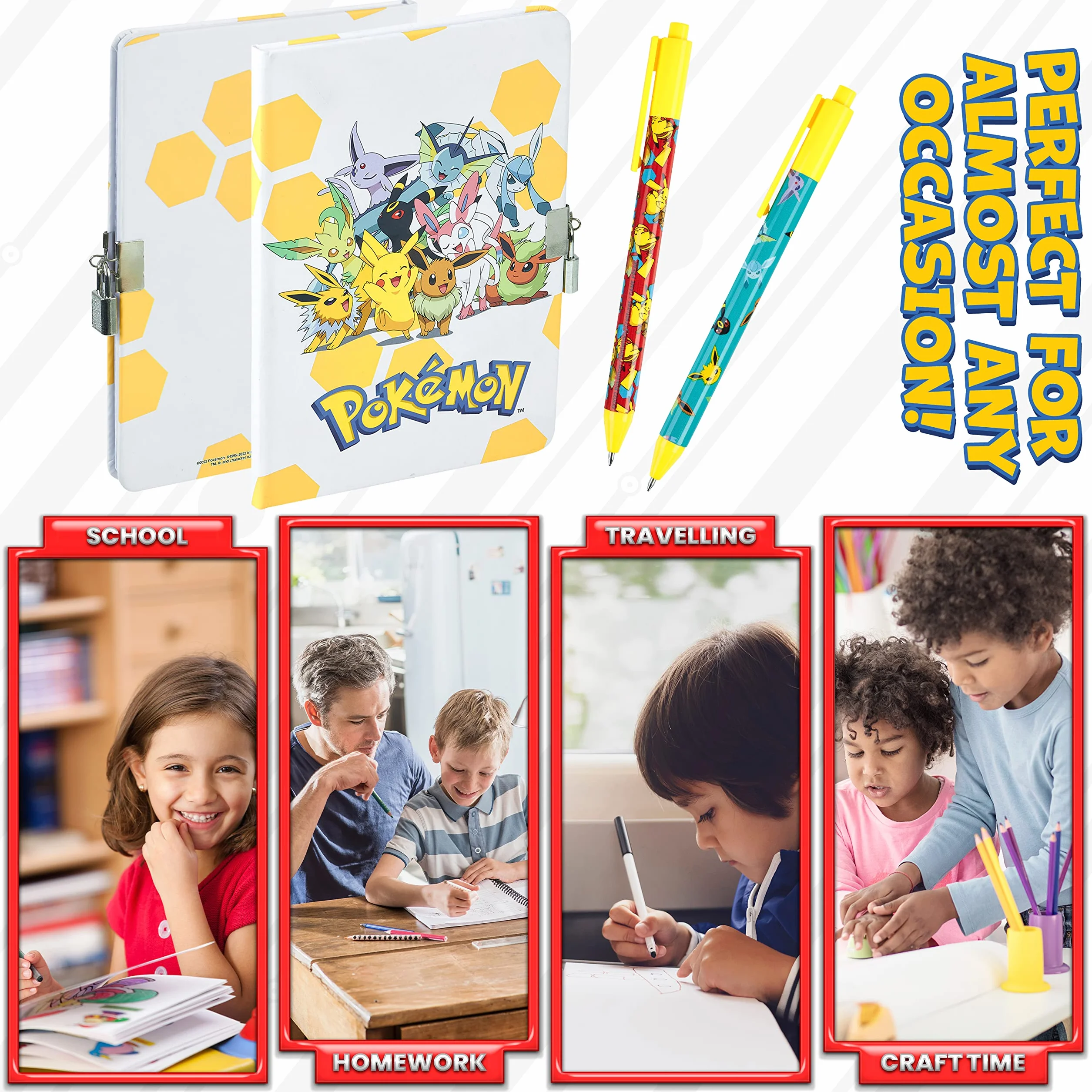 Pokémon Ensemble de Fournitures de Papeterie – Journal Avec Cadenas, Carnet, Trousse, Stylos Jaune/Blanc