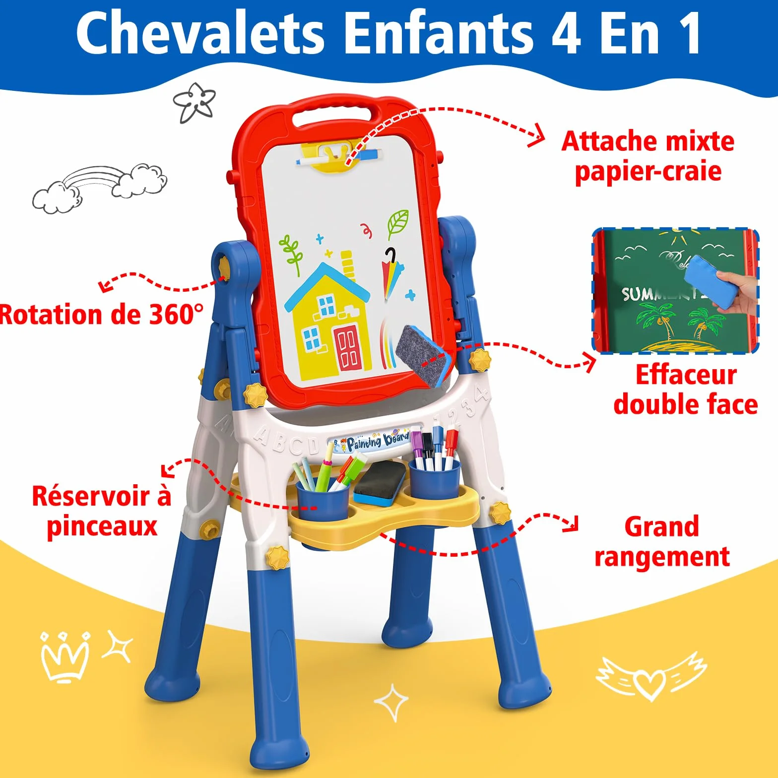 Tableau Enfant Double Face 4 en 1 avec Hauteur Réglable & Rotation 360° Tableau Blanc Noir Magnétique Chevalet Peinture pour Enfants 2-5 Ans (Rouge)