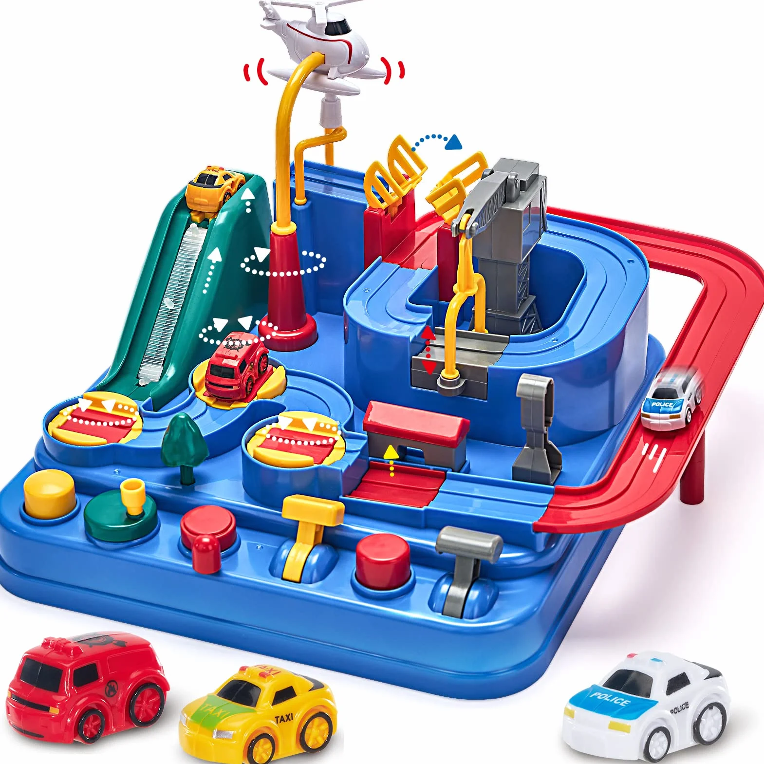 hahaland Circuit Voiture Jouet pour Enfant 3 4 5 Ans - Piste de Voiture avec Hélicoptère et Bus, Jouet Éducatif Interactif, Cadeau Garçon Fille 3-6 Ans