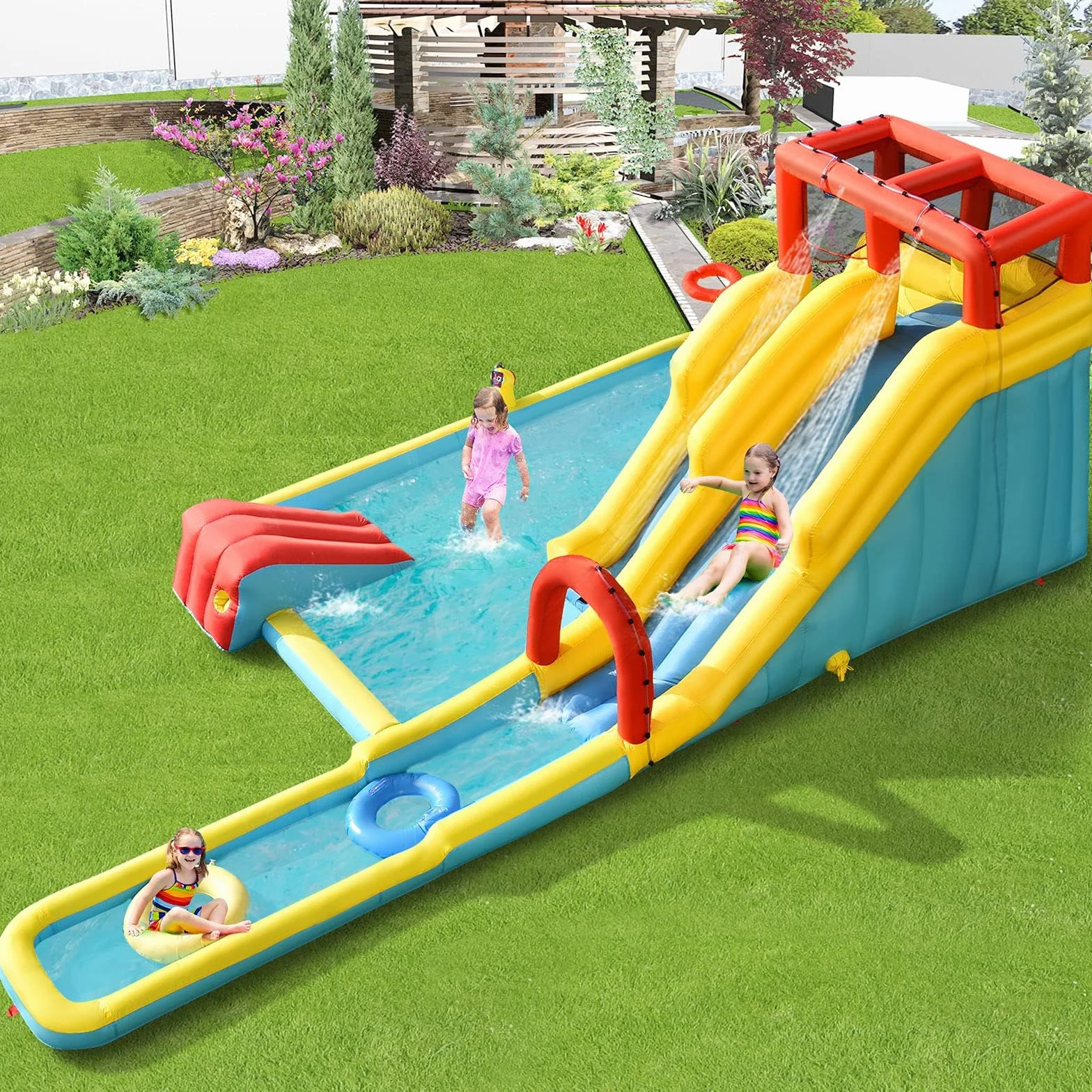 COSTWAY Château Gonflable 8 en 1 avec Double Toboggan & Souffleur 680W, Aire de Jeux Gonflable pour Enfants 3-10 Ans