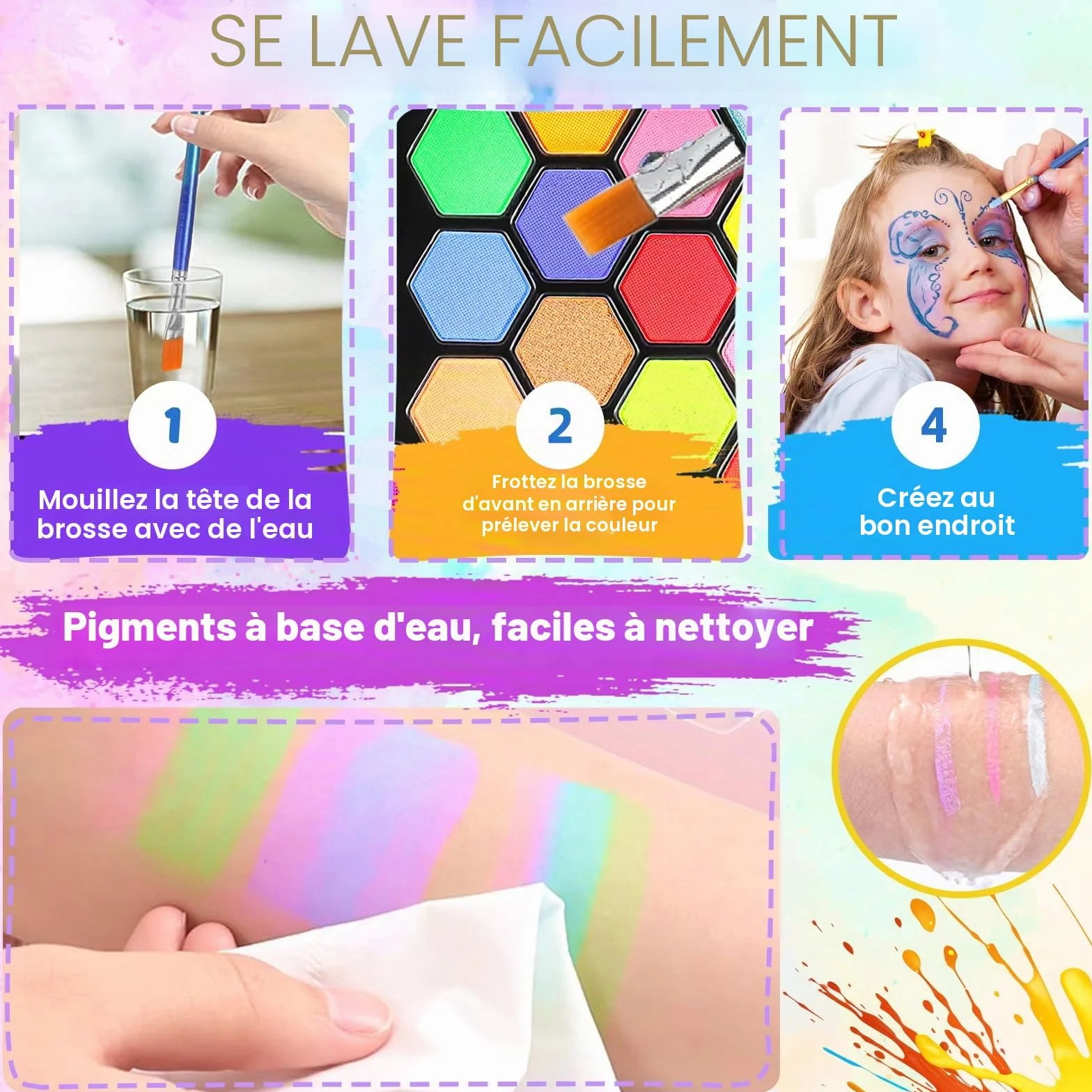Peinture Corporelle Visage 26 Couleurs Palette Maquillage Enfant avec Pinceaux Pochoirs Autocollants Halloween Noël Carnaval