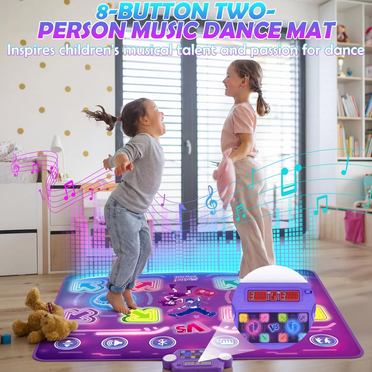 Tapis de Danse Musical Électronique pour Enfants avec 8 Flèches Lumière LED & Bluetooth, 3 Modes de Jeu, Cadeau Noël 3-10+