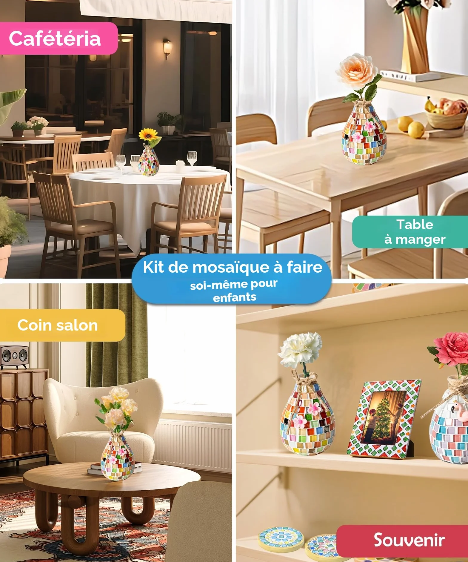 Kit de bricolage mosaïque enfant Daity cadeau fille 6-12 ans petit vase coloré