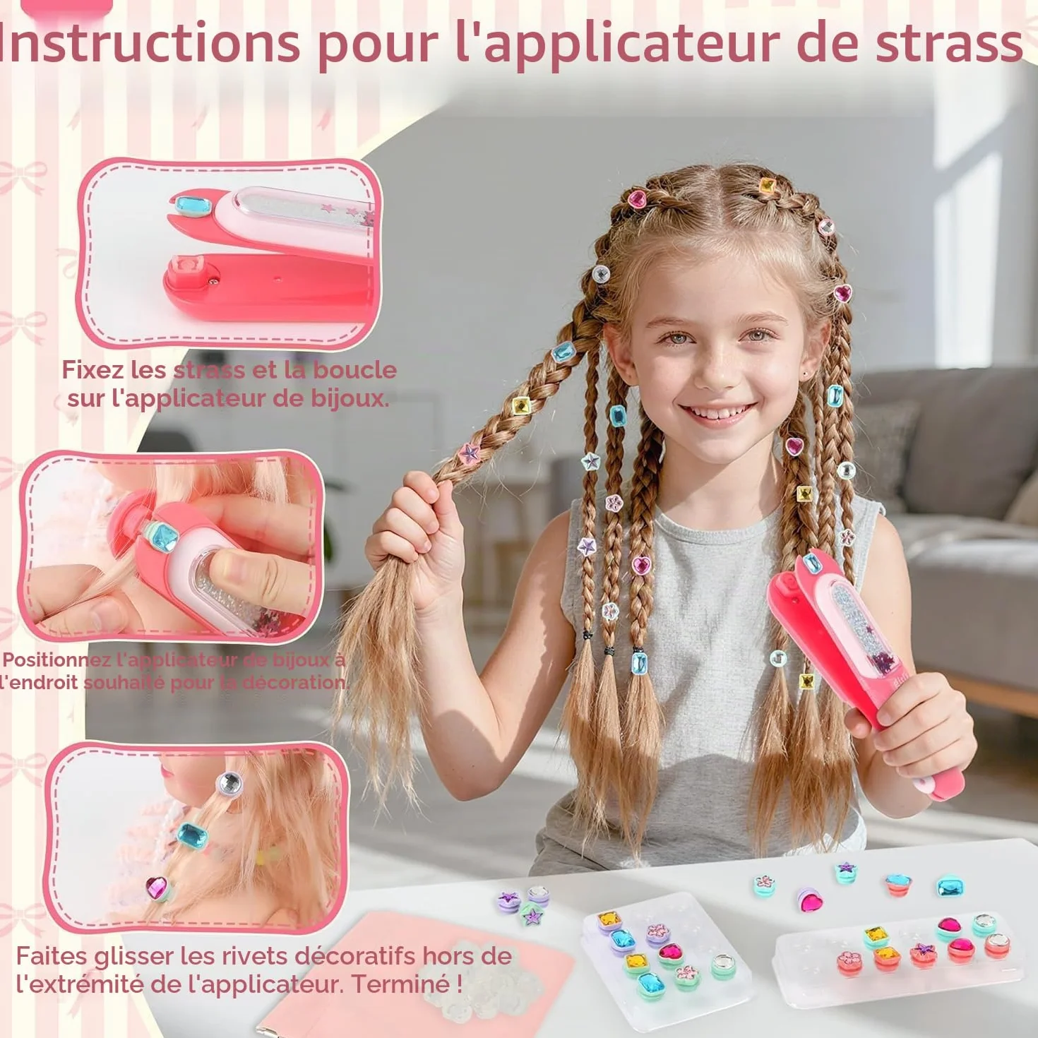 JONRRYIN Kit de broderie de cheveux 3-en-1, machine à tresses automatique avec perles et strass pour filles