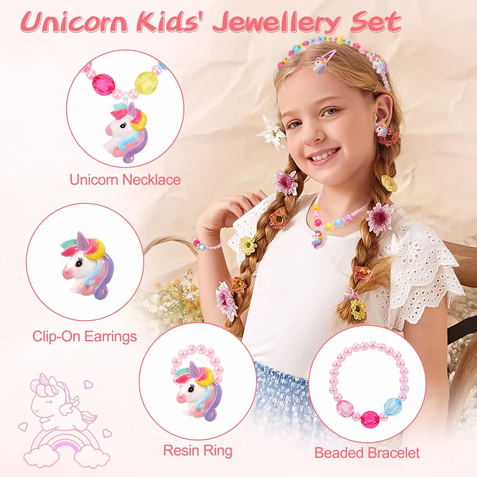 Hifot Licorne Collier Bracelet Bague Boucles d'oreilles Clip Pinces à Cheveux Set Enfants Fille