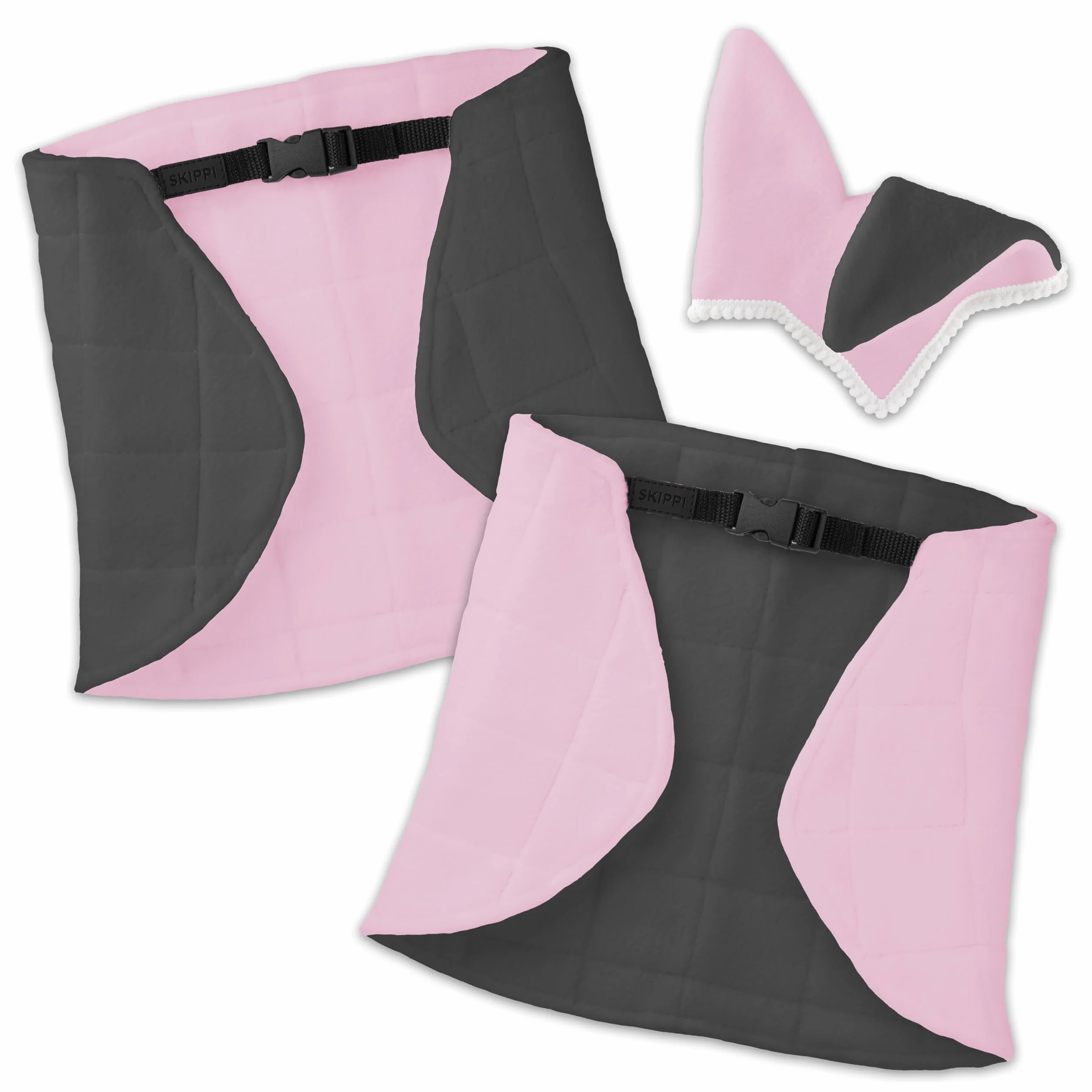 SKIPPI Couverture Réversible et Bonnet Anti Mouches pour Hobby Horse - Rose et Gris, Accessoire Tête de Cheval