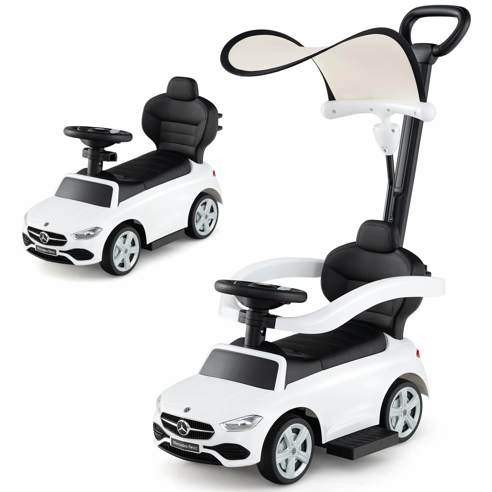 COSTWAY Mercedes-Benz Porteur Enfant 3 en 1 avec Volant Klaxon Son de Moteur, Voiture à Pousser 25kg 18-36 Mois Blanc