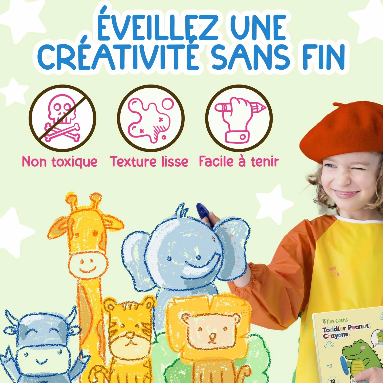 TinyGeeks Crayons Non Toxiques Lavables Forme Ergonomique Cacahuète pour Enfants 3 Ans+ Coloriage Facile à Tenir