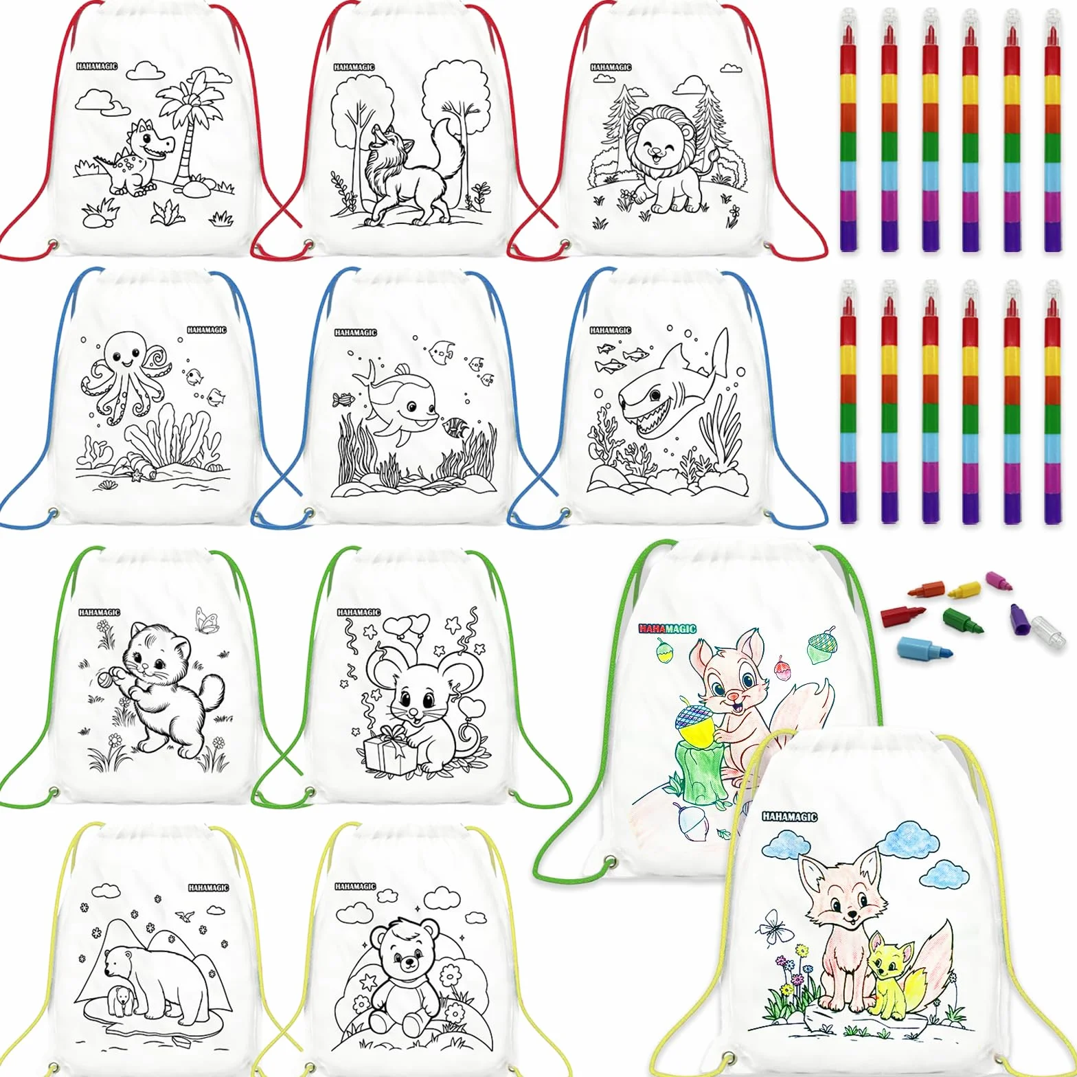 Sacs à Dos à Colorier avec Crayons de Couleur empilables pour Enfant, Sac Anniversaire Enfant, Cadeau Noel