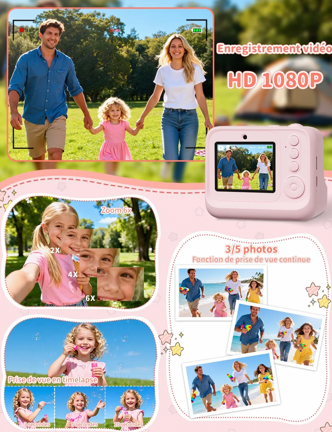 LIORQUE Appareil Photo Instantané Enfant 2.4'' HD 1080p avec Carte 32GB & Papier d'impression Rose