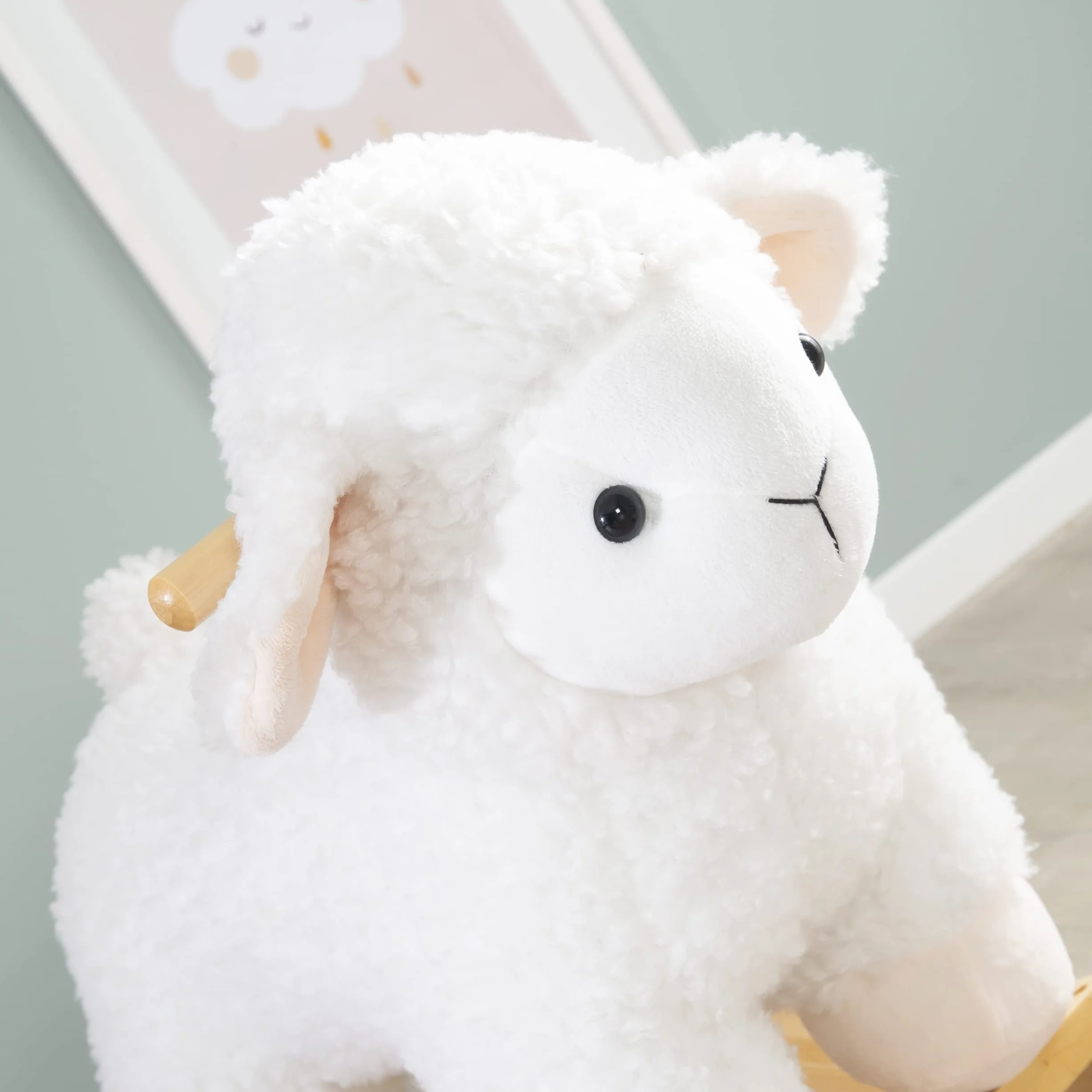 Agneau à Bascule en Bois et Peluche Douce avec Poignées - Aide à Maîtriser l'Équilibre - pour Enfants de 18 Mois à 6 Ans - Supporte 30 kg - Blanc