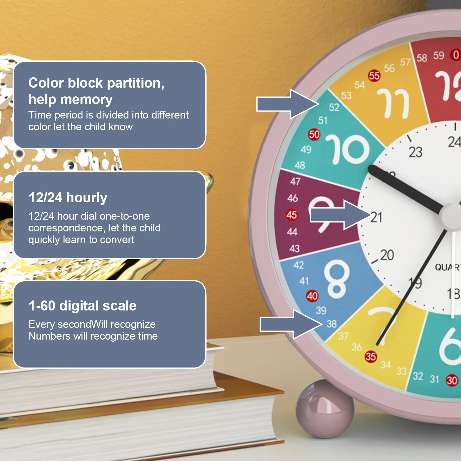 Réveil analogique enfant sans tic-tac éducatif horloge quartz alarme puissante veilleuse piles rose