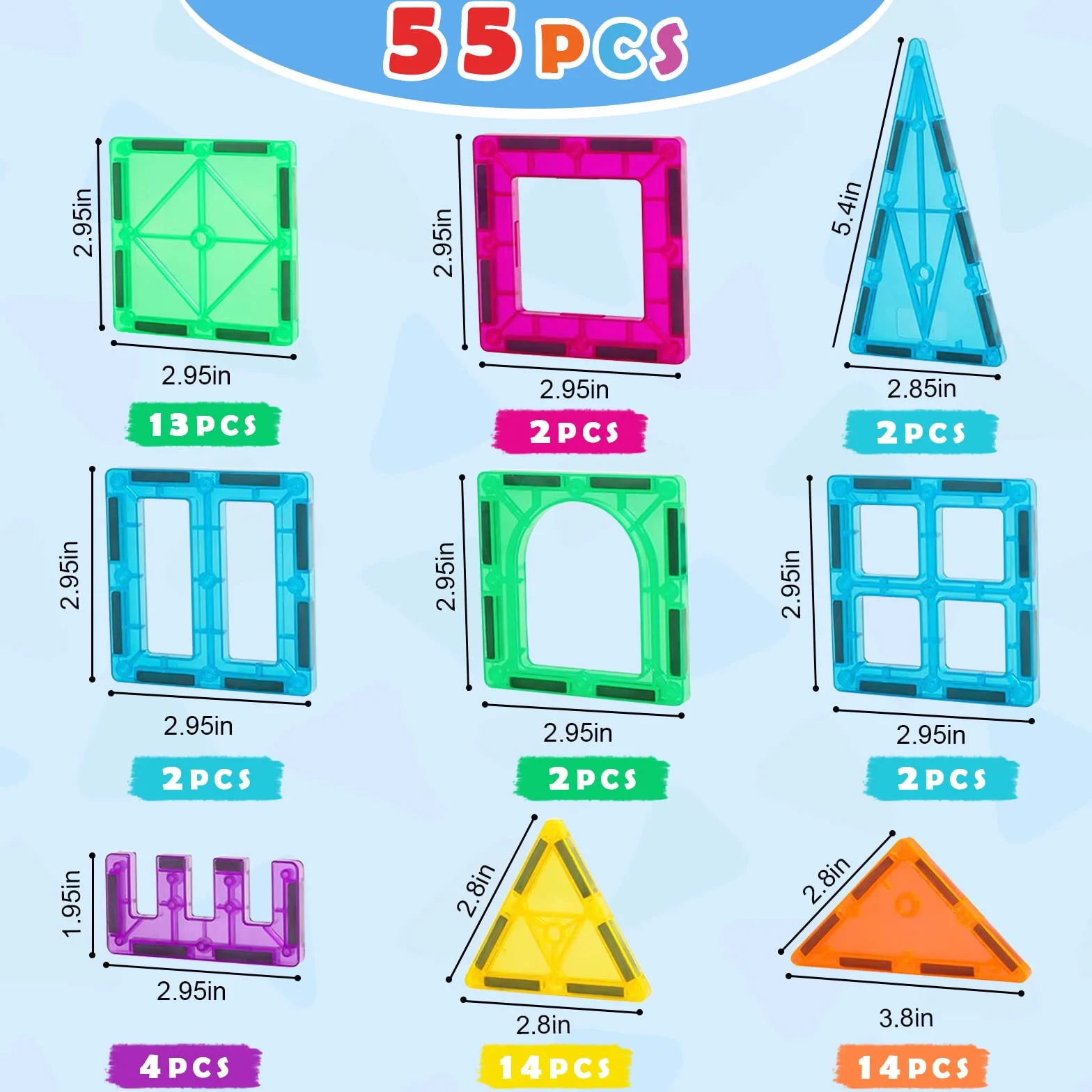 Gemmicc Tuiles Magnétiques Jeux de Construction 55 Pièces STEM Jouets Éducatifs 3-9 Ans
