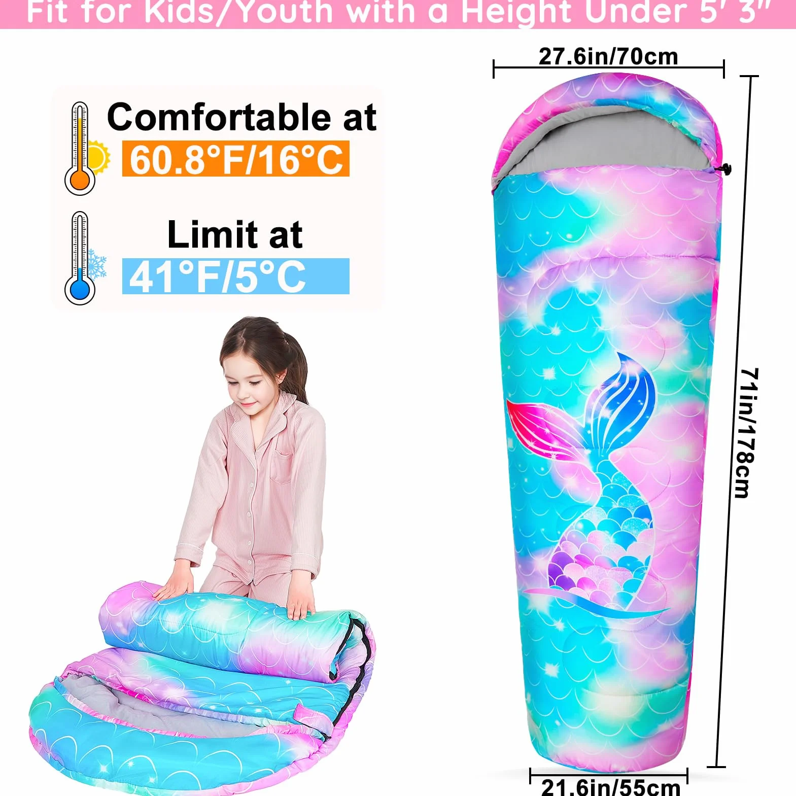 MHJY Sac de Couchage Enfant Mummie Camping Randonnée 3 Saisons Chaud Léger 1,1 kg 178cm
